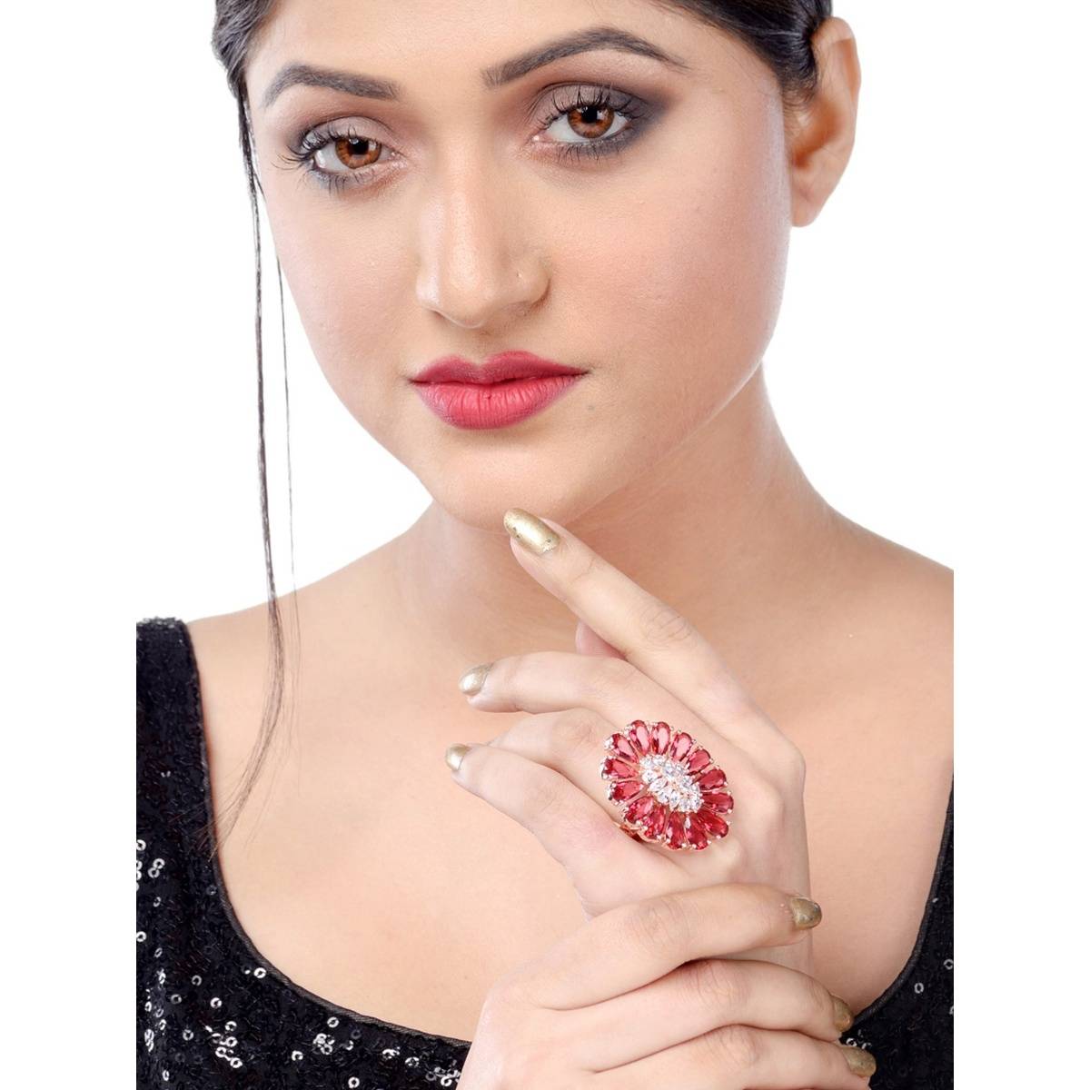 Saraf RS Jewellery Ruby And Ad Encrusted Floral Ring Red Diamond Handcrafted Adjustable (Adjustable)