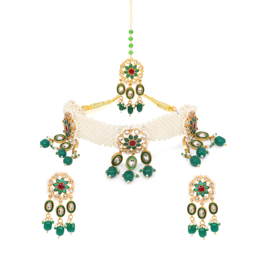 Yellow Chimes Kundan And Pearl Flower Motif Choker Jewellery Set Buy
