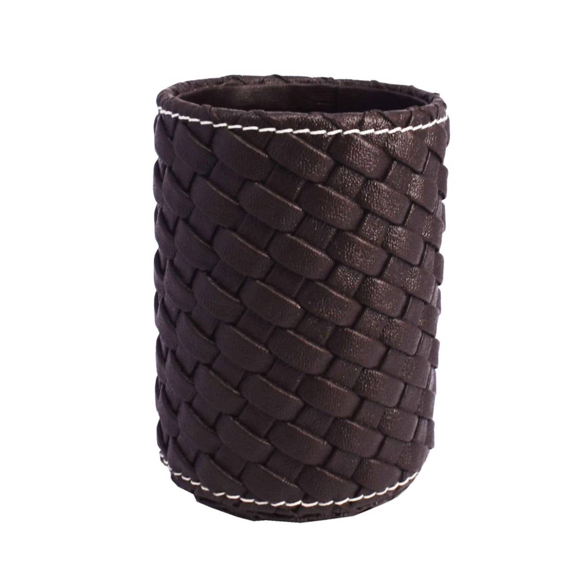 Premsons Stylish Woven Design Round Leather Pen- Pencil Desk Organizer For Home And Office- Brown