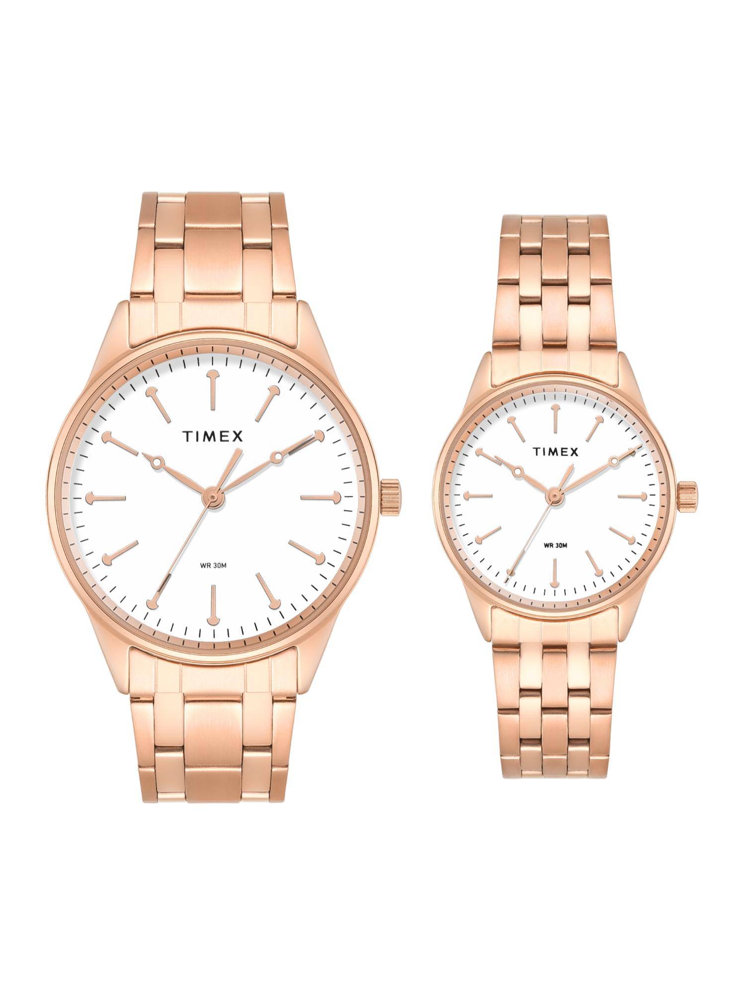 Timex Trendline Stainless Steel White Dial Analog Couple Watches for Unisex-Tw00Pr358 (Medium)