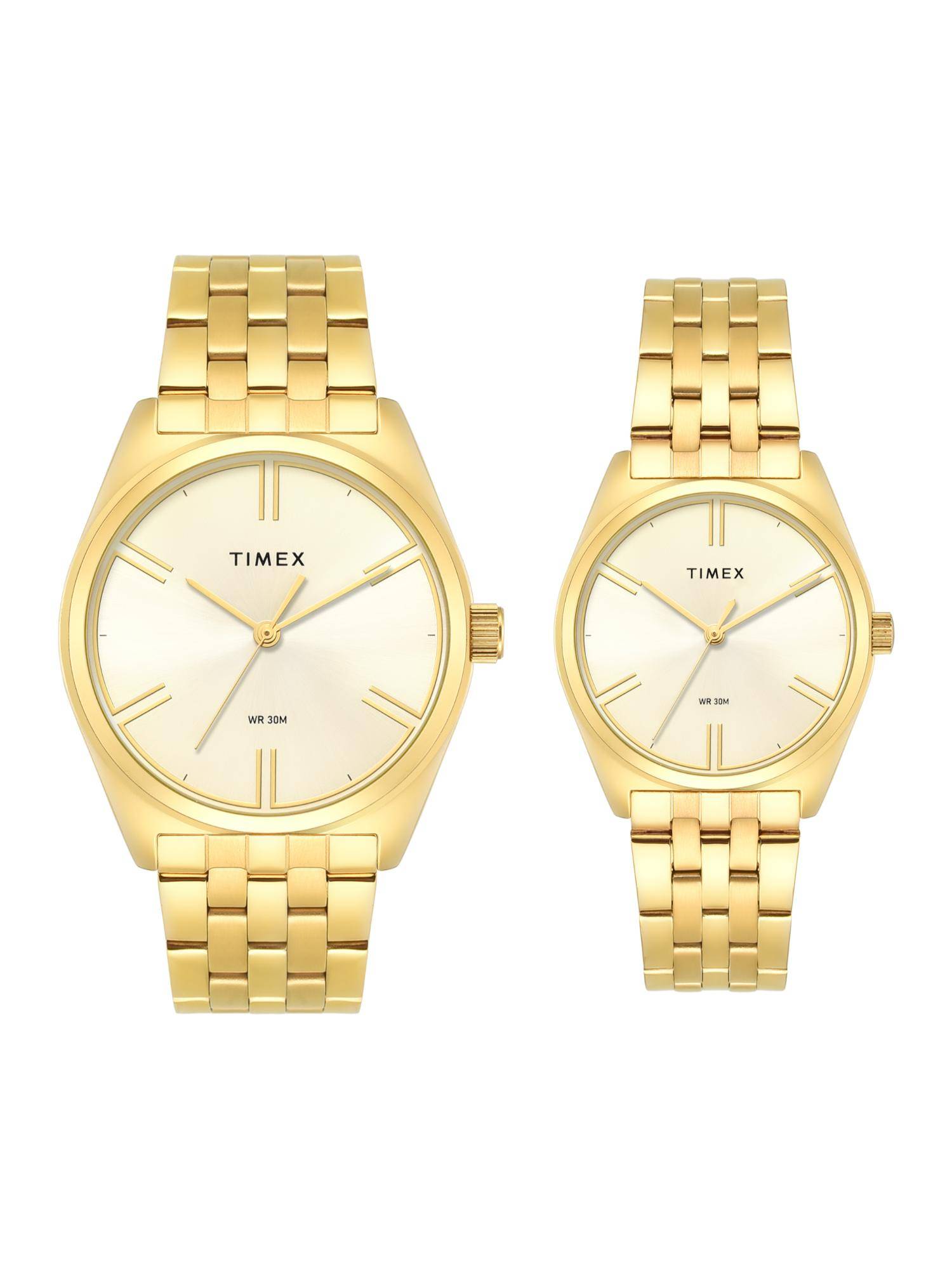 Timex Trendline Stainless Steel Beige Dial Analog Couple Watches for Unisex-Tw00Pr362 (Medium)