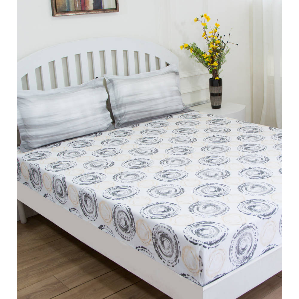 GM Grey Brown Abstract 144 TC Cotton Queen Bedsheet with 2 Pillow Covers
