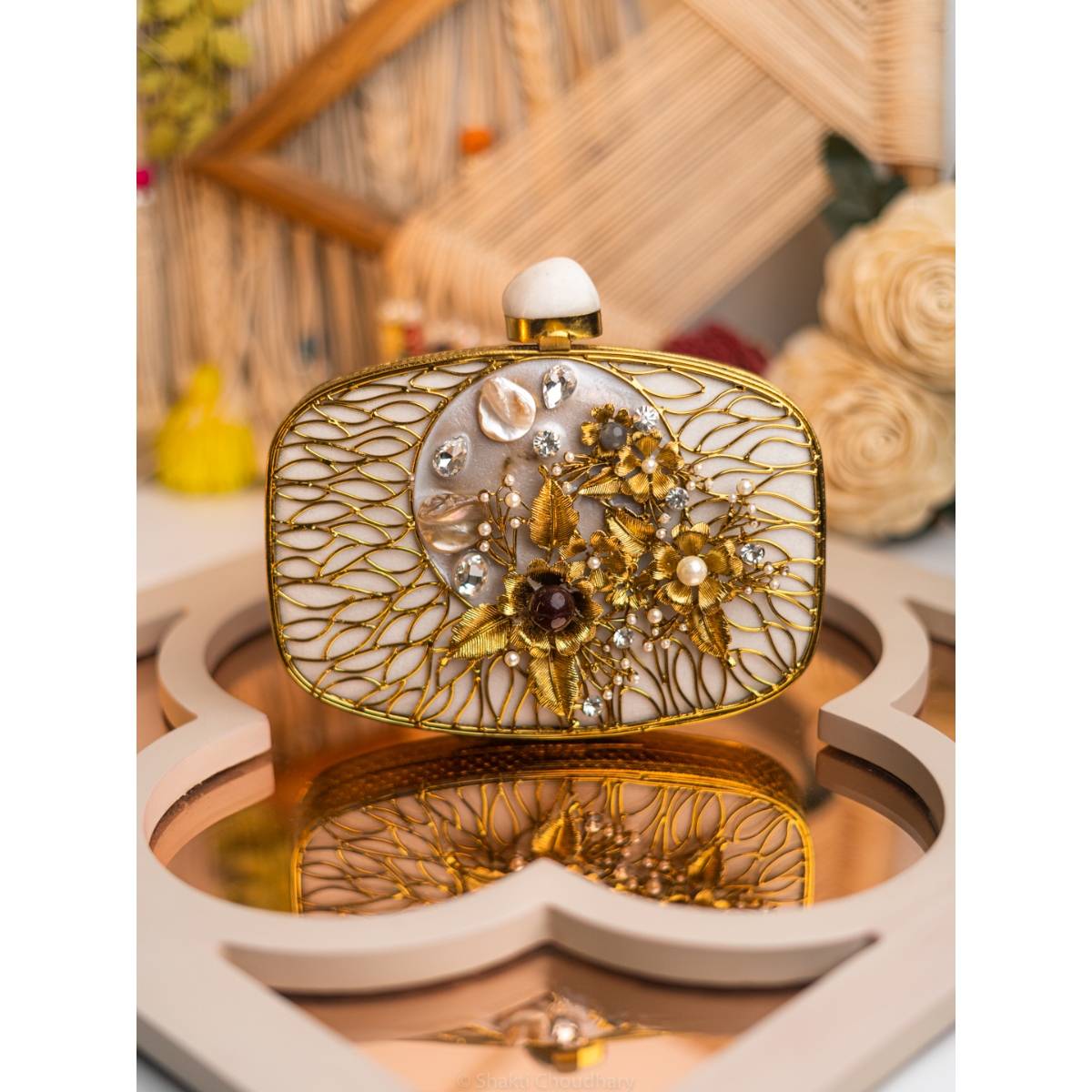 NR BY NIDHI RATHI White Embellished Party Clutch