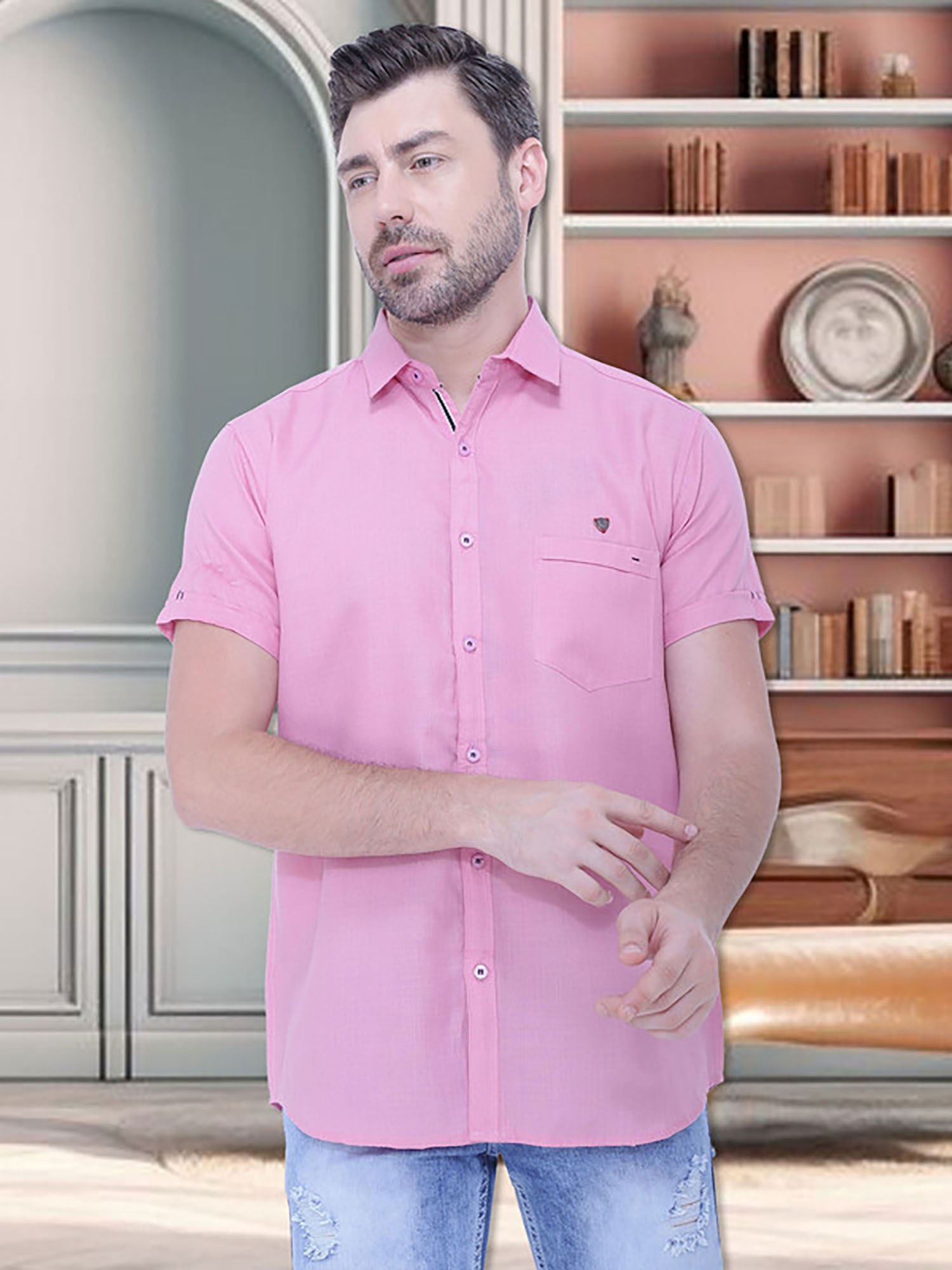 Buy KUONS AVENUE Mens Linen Blend Half Sleeve Casual Shirt Pink Online