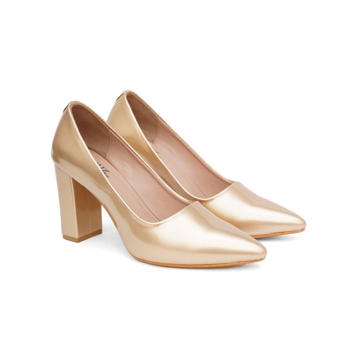 Gold pumps block clearance heel