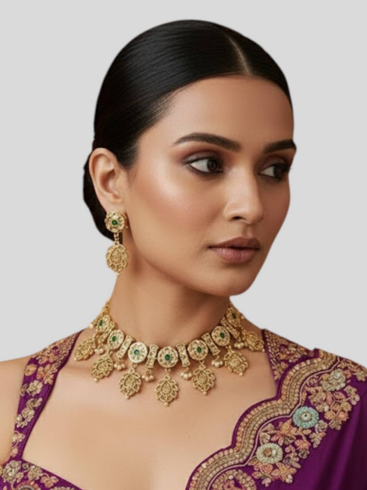 Auraa Trends Traditional Antique Gold Plated Temple Necklace with Green Stones and Earrings
