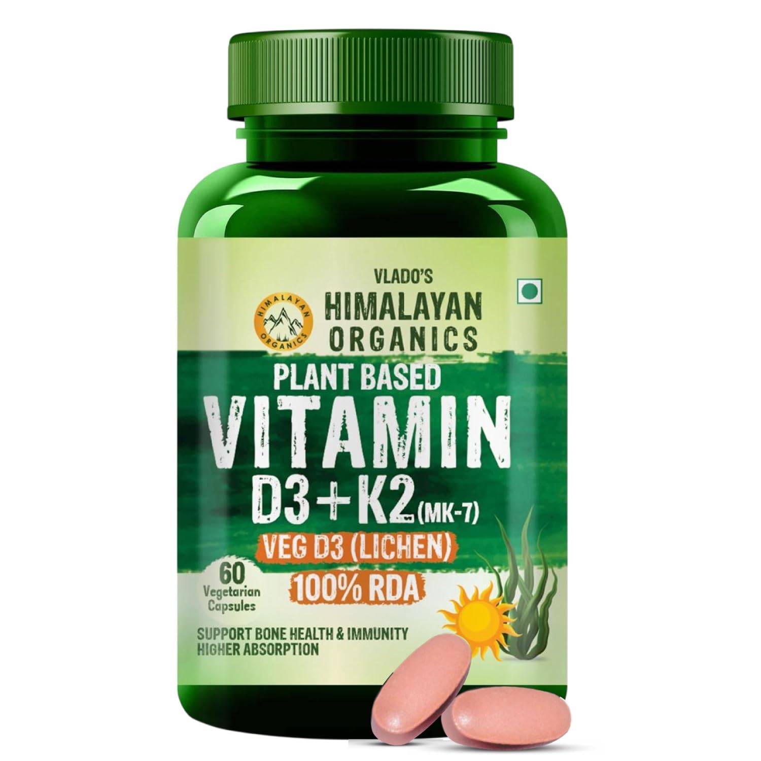 Vlado's Himalayan Organics Plant Based Vitamin D3 600 Iu + K2 MK7 Veg Capsules