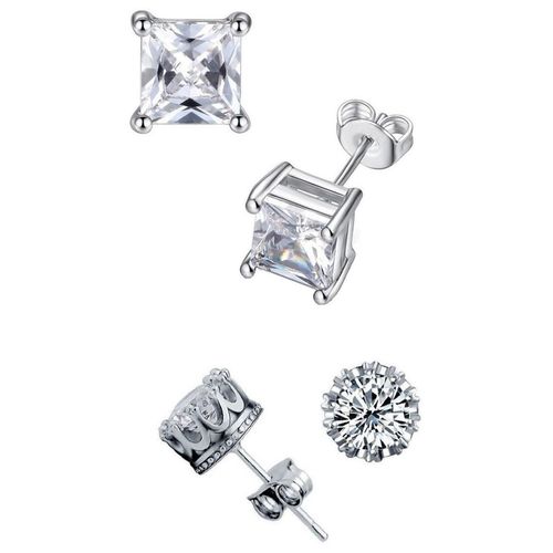 OOMPH Set Of Silver Tone Square Round Cubic Zirconia Small Ear Stud  Earrings