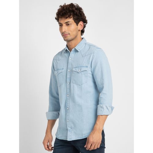 Spykar Men Light Blue Cotton Slim Fit Denim Shirt