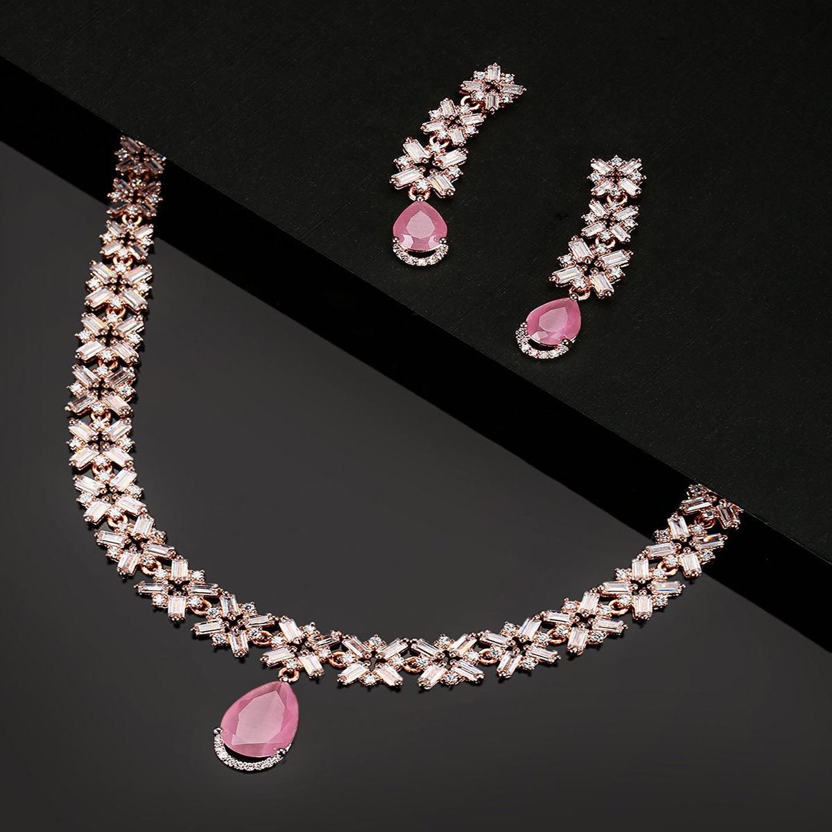 925 Sterling Silver Cute Pink Cubic Zirconia Heart Necklace & Earrings