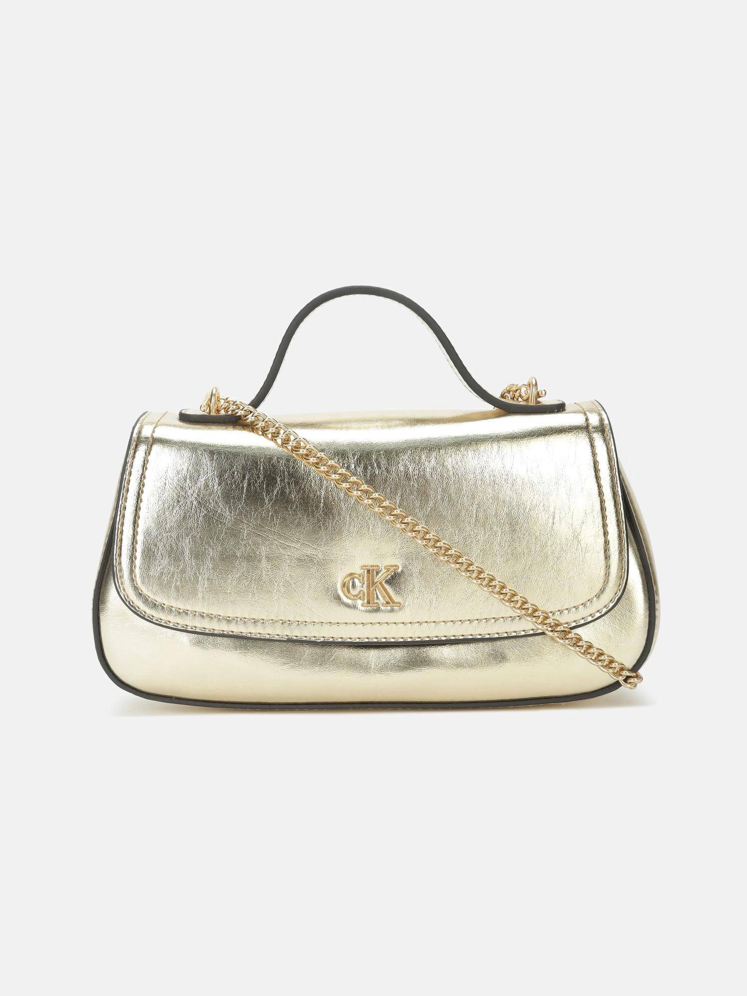 Calvin Klein Solid Gold Pu Handbag with Detachable Strap
