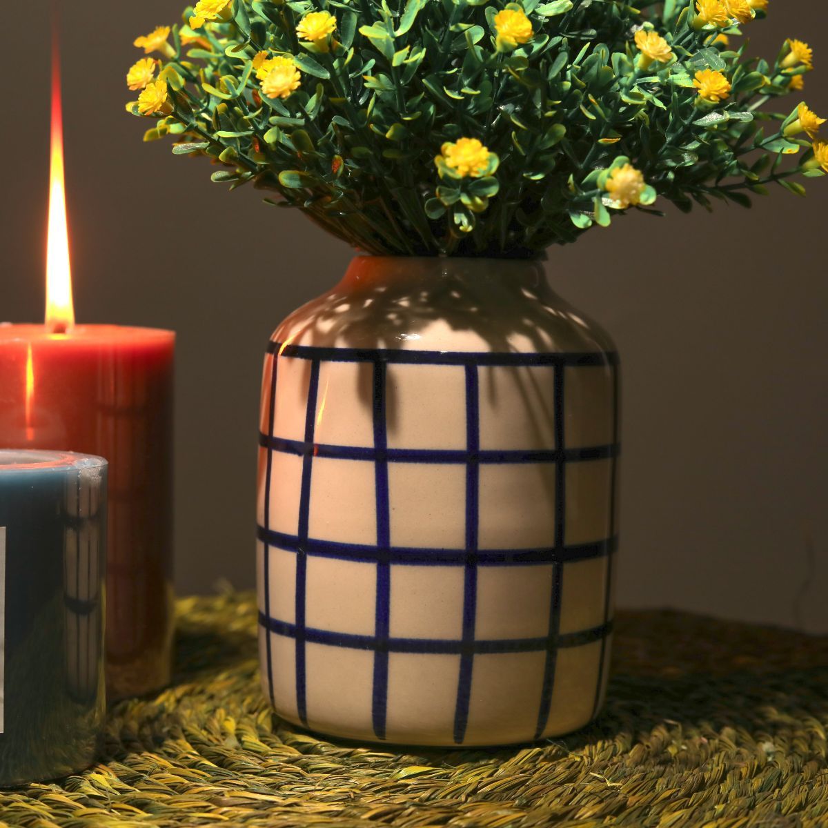 Buy The Decor Mart Blue Checked Vertical Ceramic Vase Online