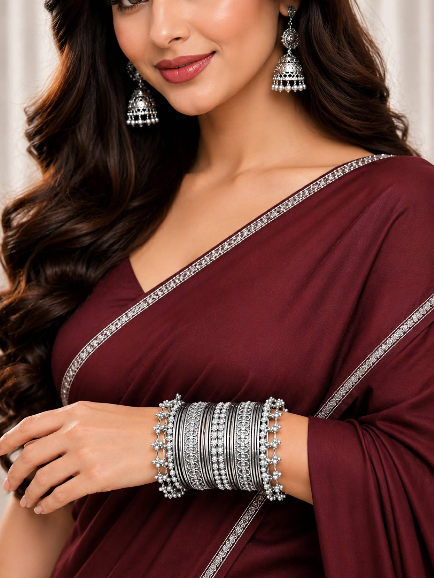OOMPH Oxidised Silver Ghungroo Kashmiri Bangle (Pack of 22) (2.6)
