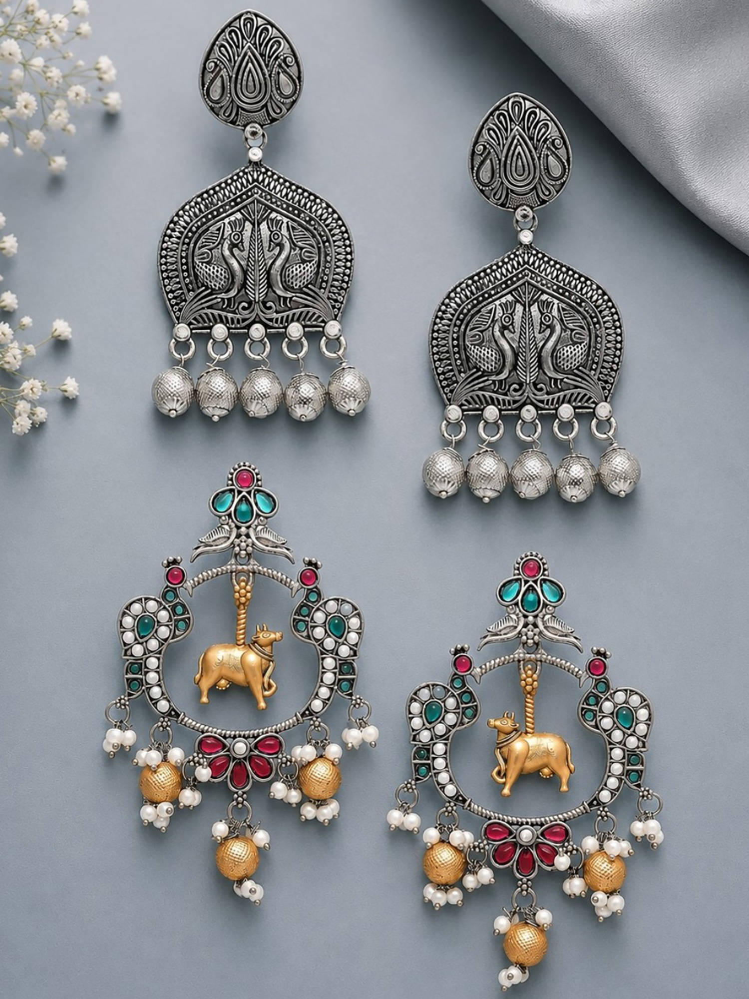 OOMPH Oxidised Silver And Gold Cow And Peacock Design Ghungroo Drop Earrings