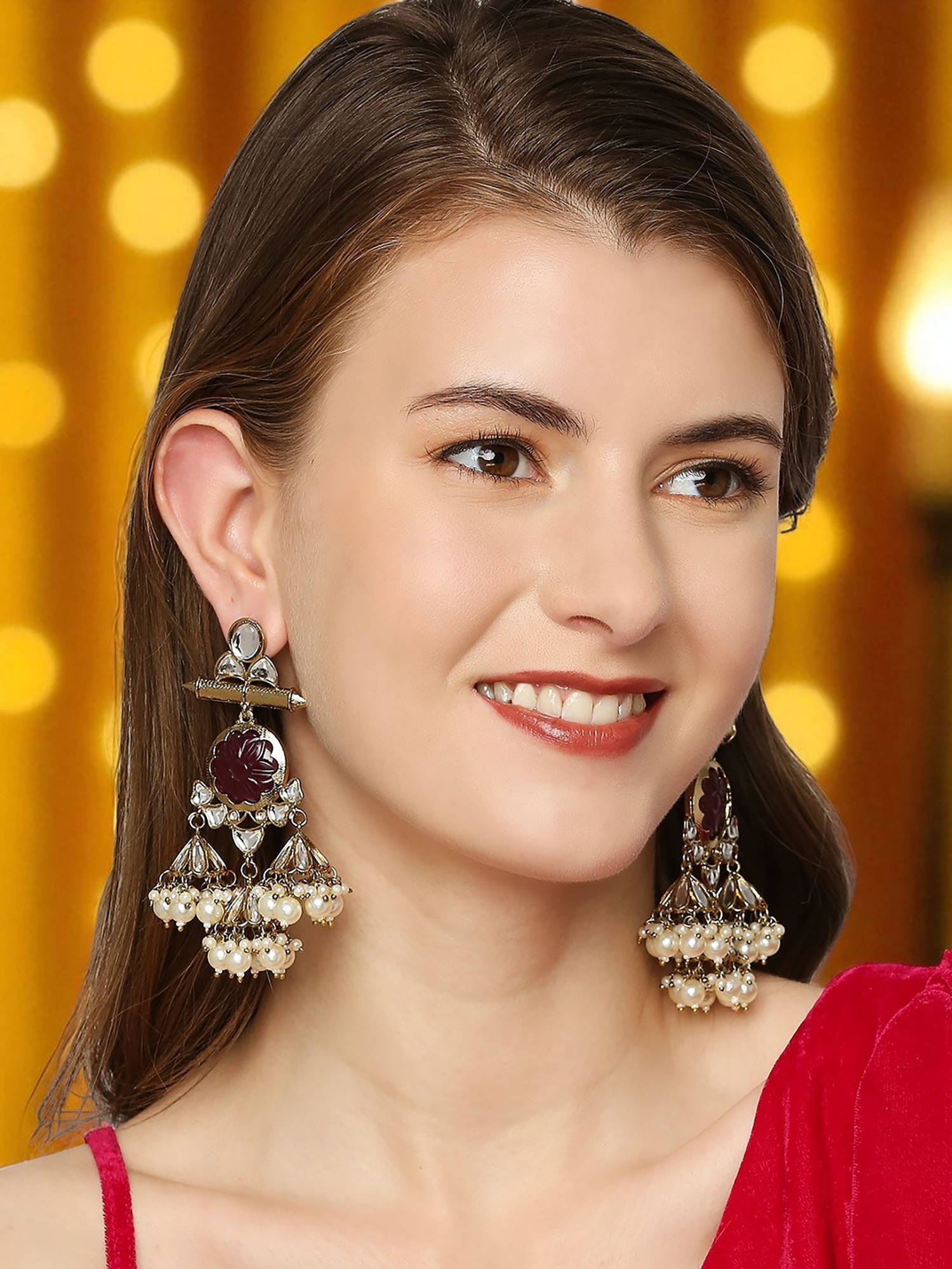 OOMPH Gold Tone Maroon Engraved Jaipur Stones And Kundan Jhumka Earrings Red