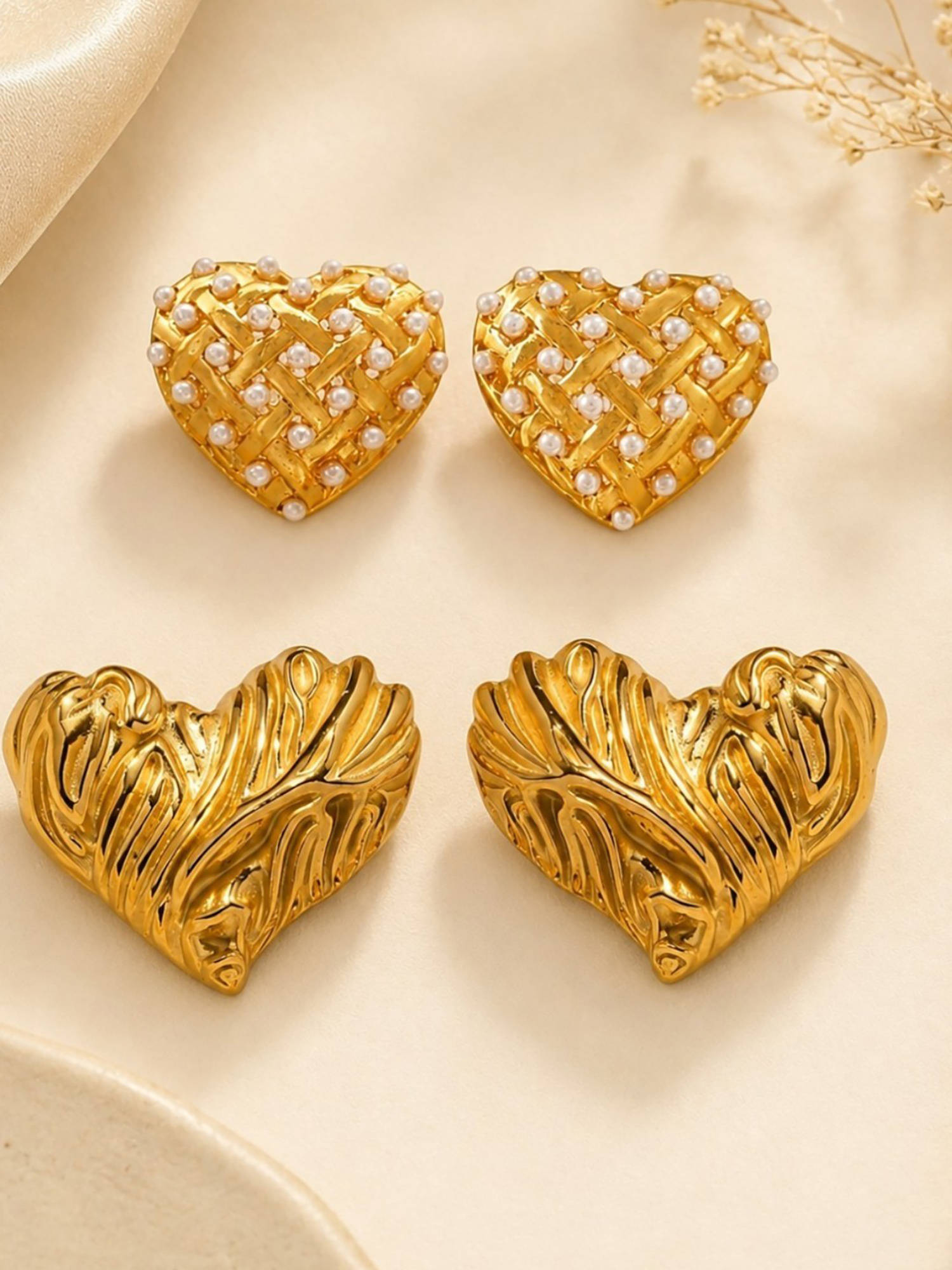 OOMPH Gold Heart Shape Large Stud Earrings (Pack of 2)