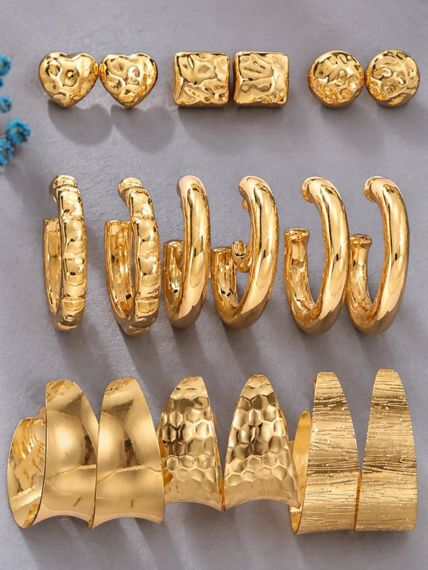 OOMPH Gold Chunky Retro Textured Party-Wear Hoop Earrings (Pack of 6)