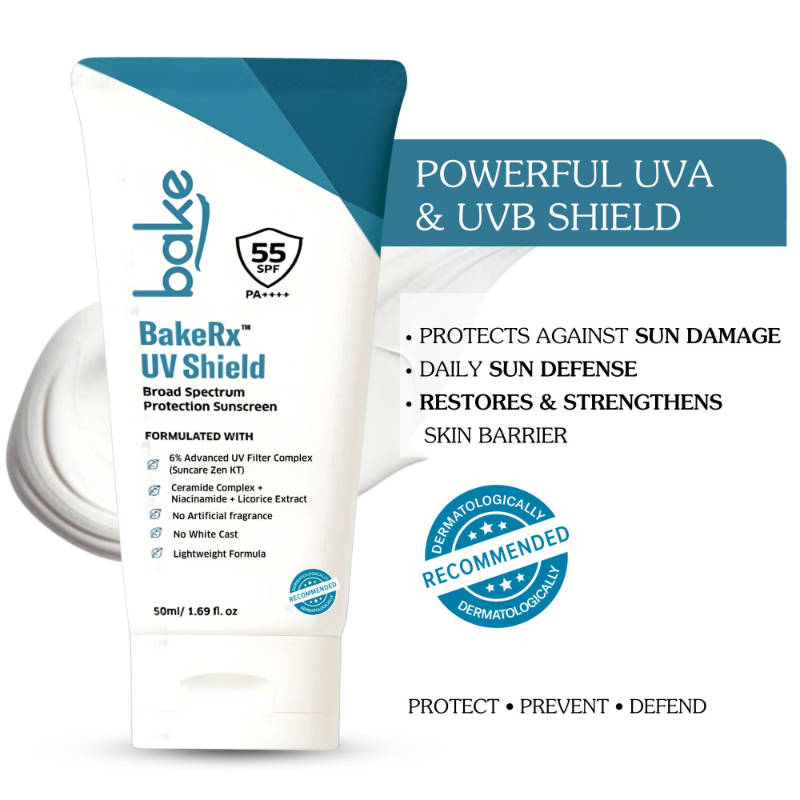 BAKE UV Shield Sunscreen SPF 55 PA++++ with 6% Advanced UV Filters & Ceramide for Broad Protection