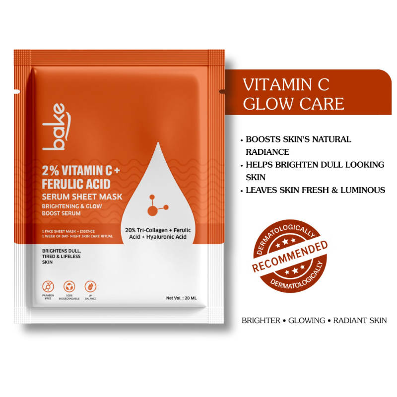 Bake 2% Vitamin C + Ferulic Acid Serum Sheet Mask For Glowing & Brightening Skin
