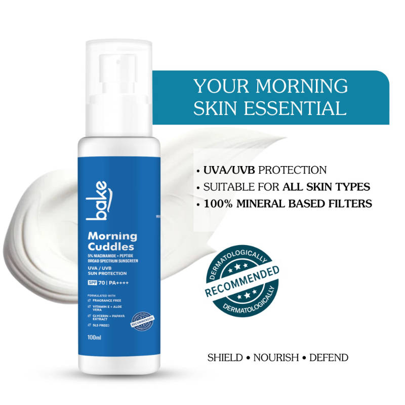 BAKE Morning Cuddles 100% Mineral Sunscreen SPF 70 PA++++ with 5% Niacinamide, Multi Peptides
