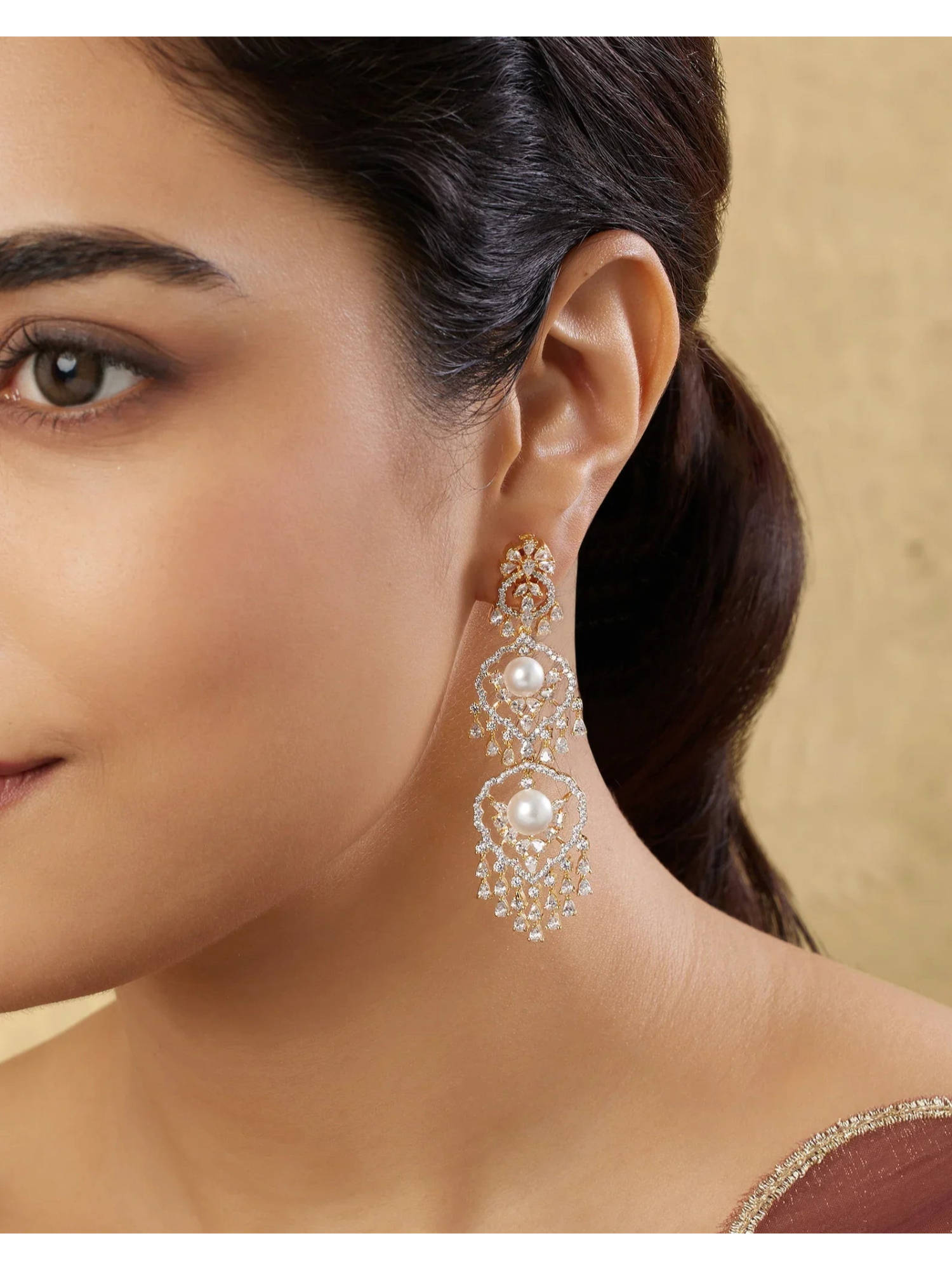 Indinoor White Leheena Zircon Dangler Earrings