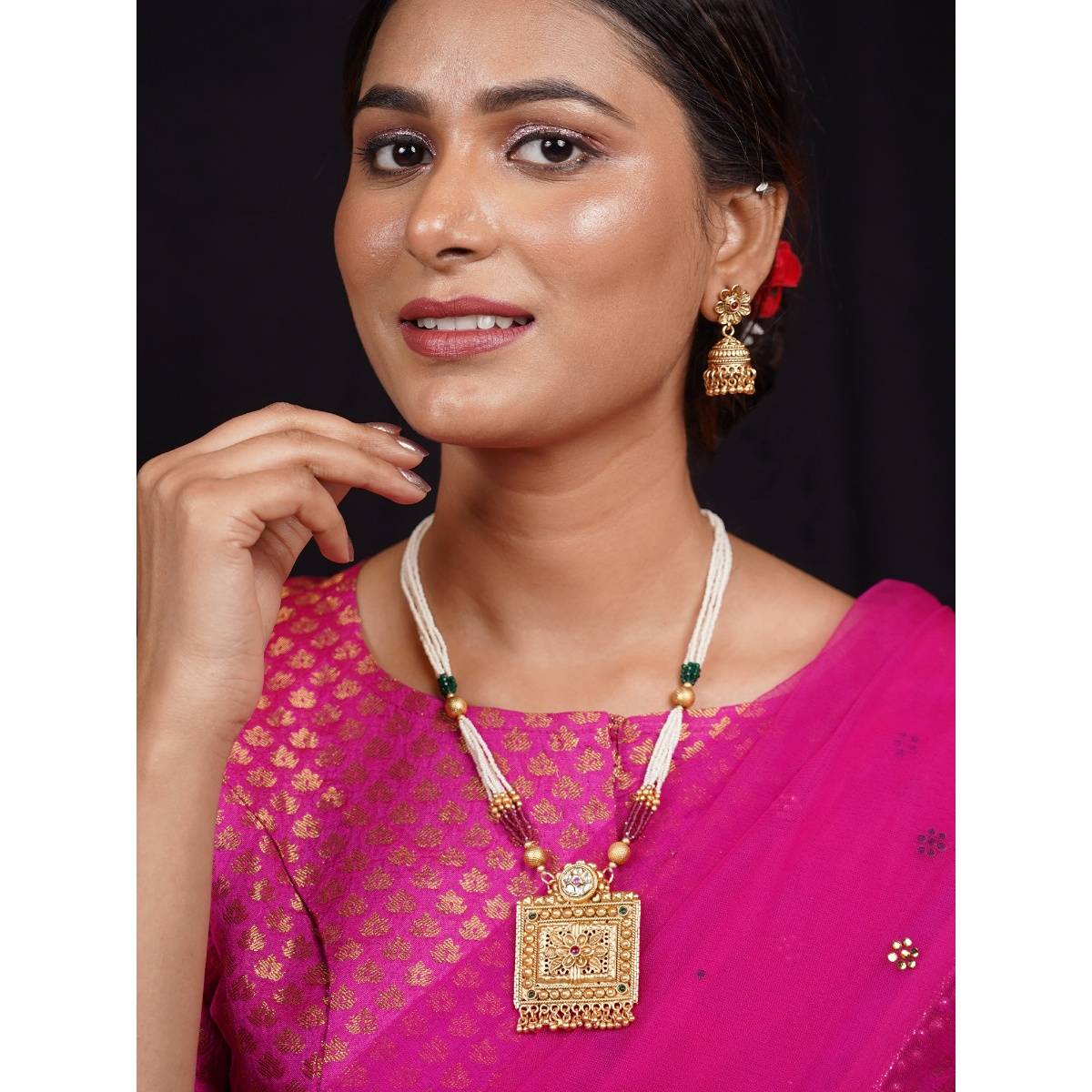 Niscka Ethnic 24K Gold Plated Pink & Green Long Moti Dori Necklace with Earrings