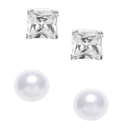 OOMPH Set Of Silver Square Cubic Zirconia White Pearl Ear Stud Earrings