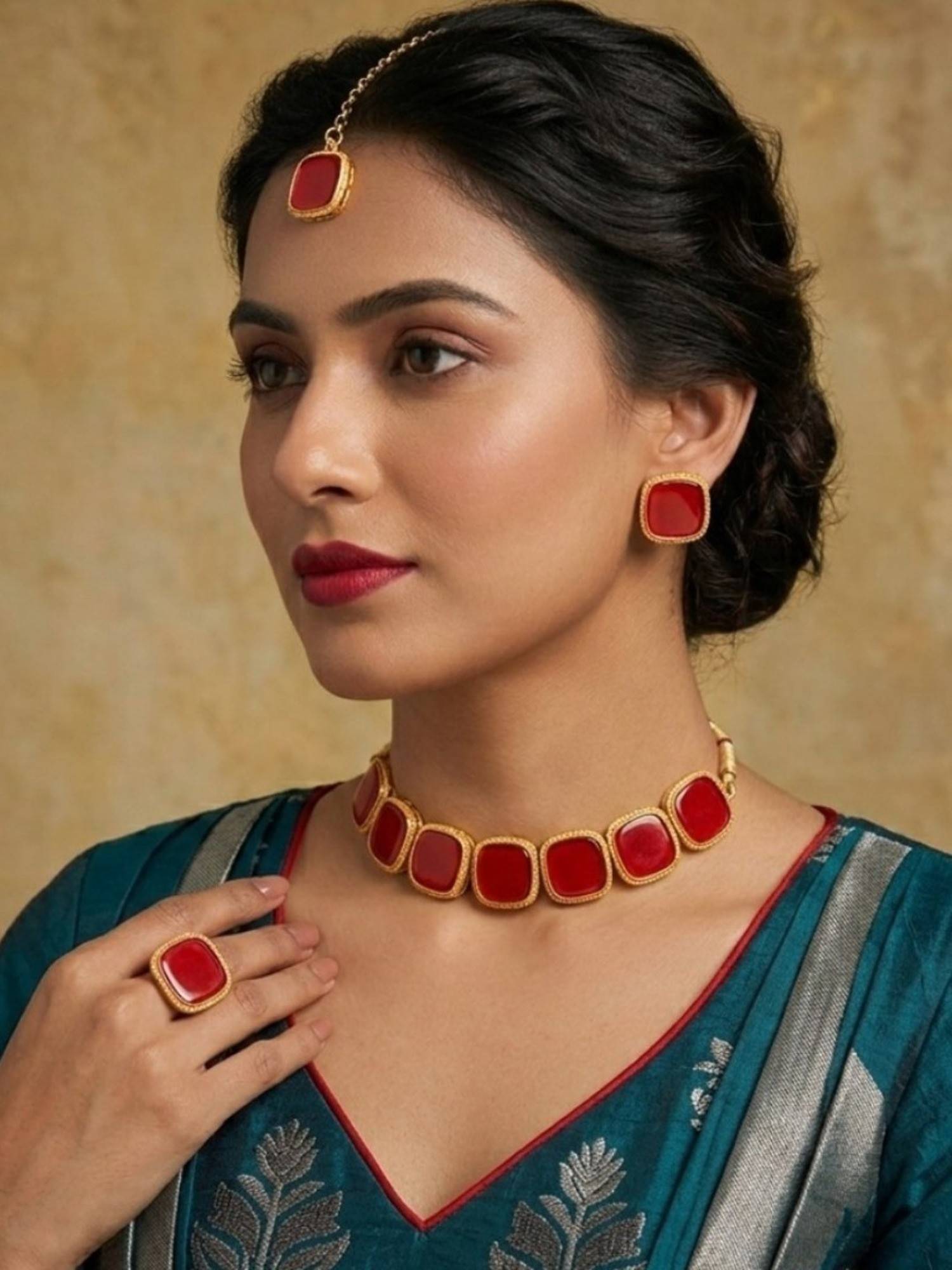 Accessher Women Red Brass Jewellery Set