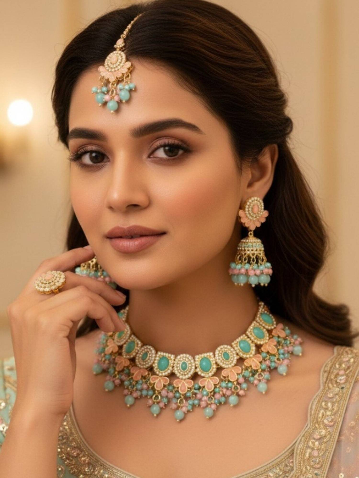 Accessher Women Green Brass Jewellery Set