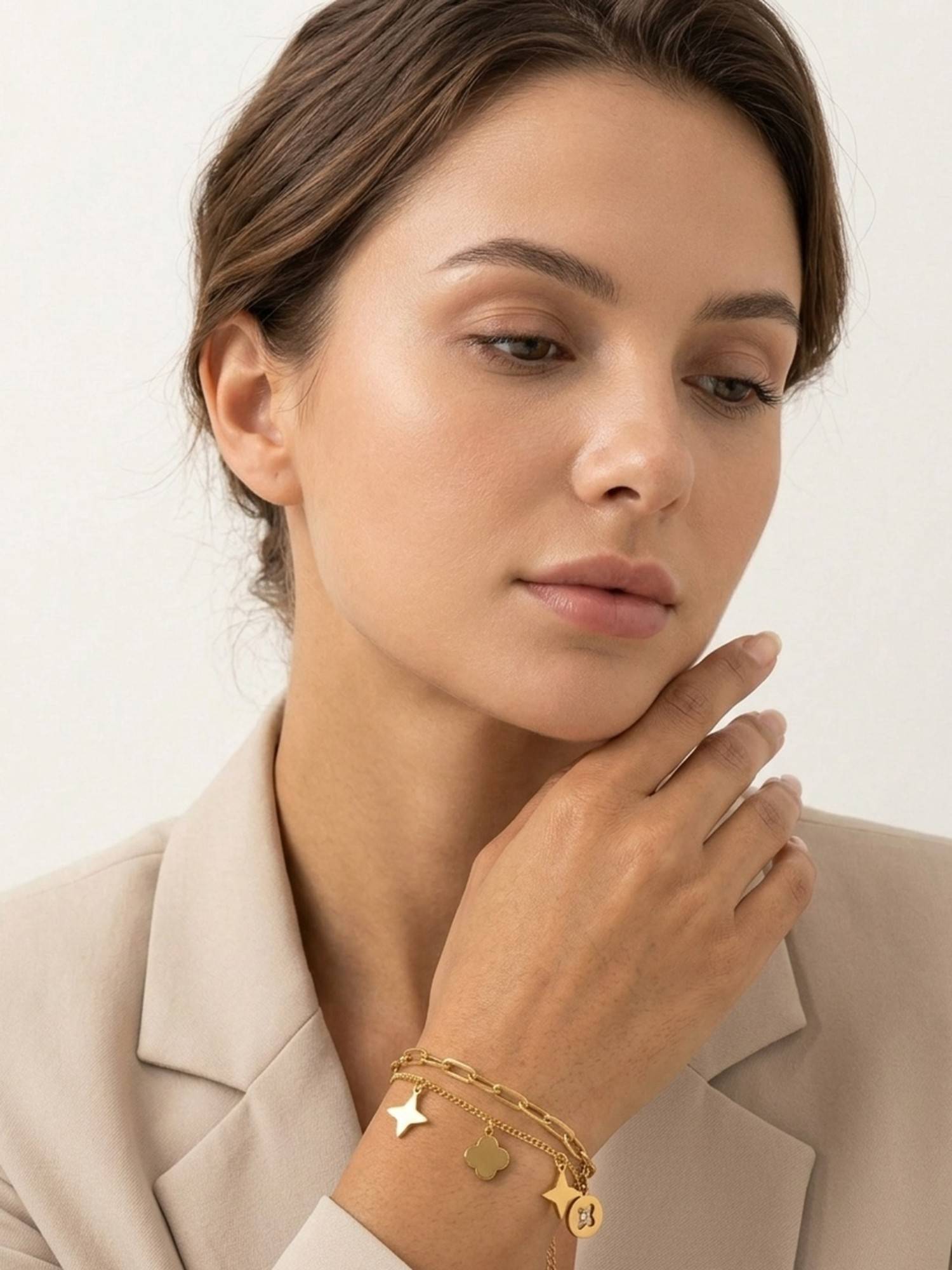 RACHIVA 18K Gold Plated Double Layer Star and Clover Multi-Charm Bracelet