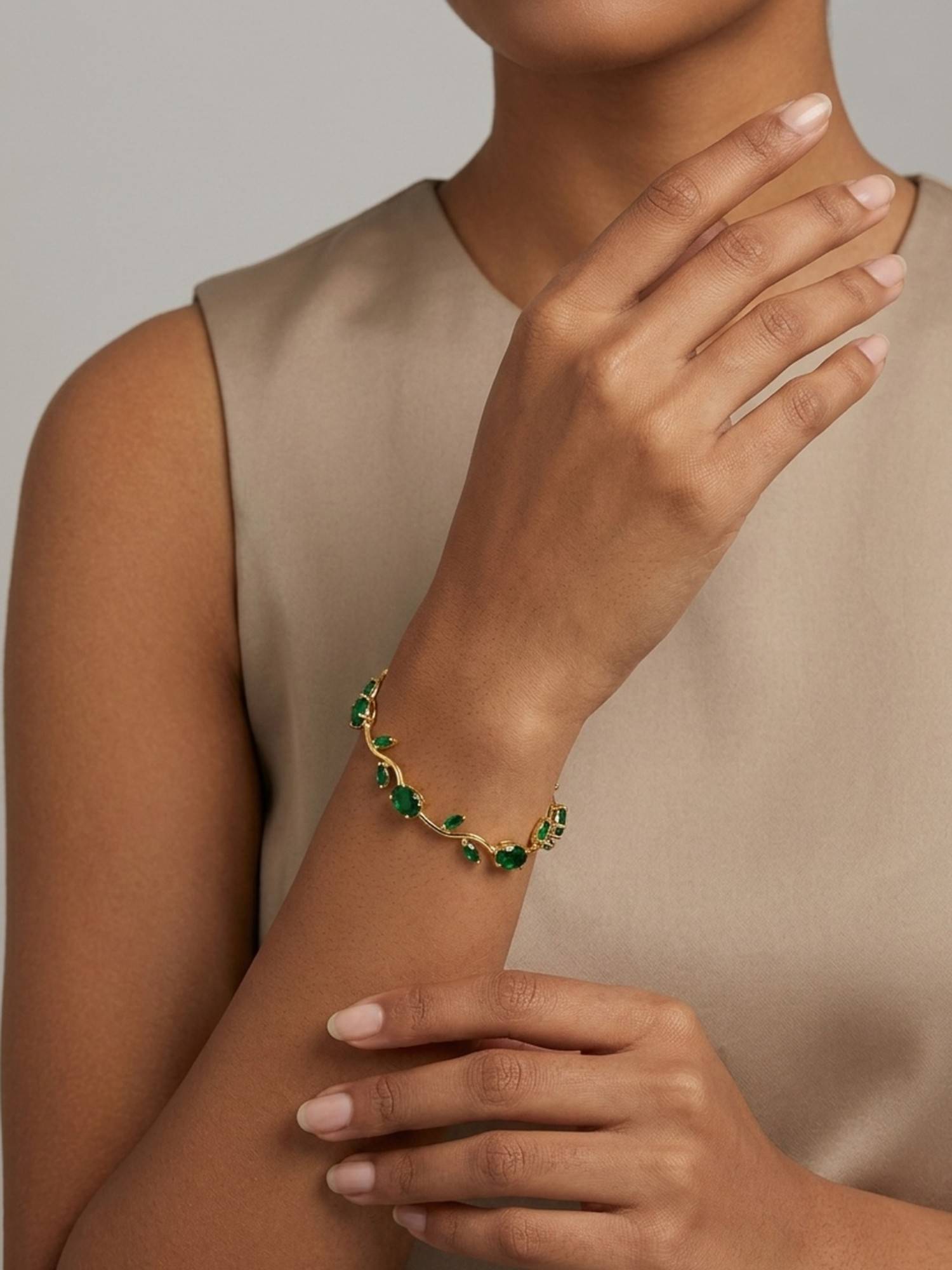 RACHIVA 18K Gold Plated Emerald Green Oval and Marquise Cz Vine Tennis Bracelet
