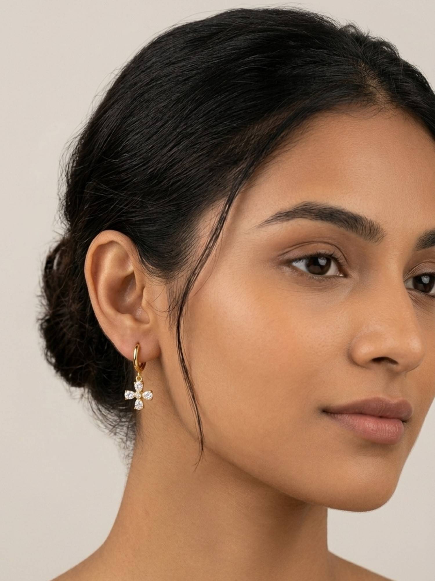 RACHIVA 18K Gold Plated Cz Pear Cross Charm Huggies Earrings