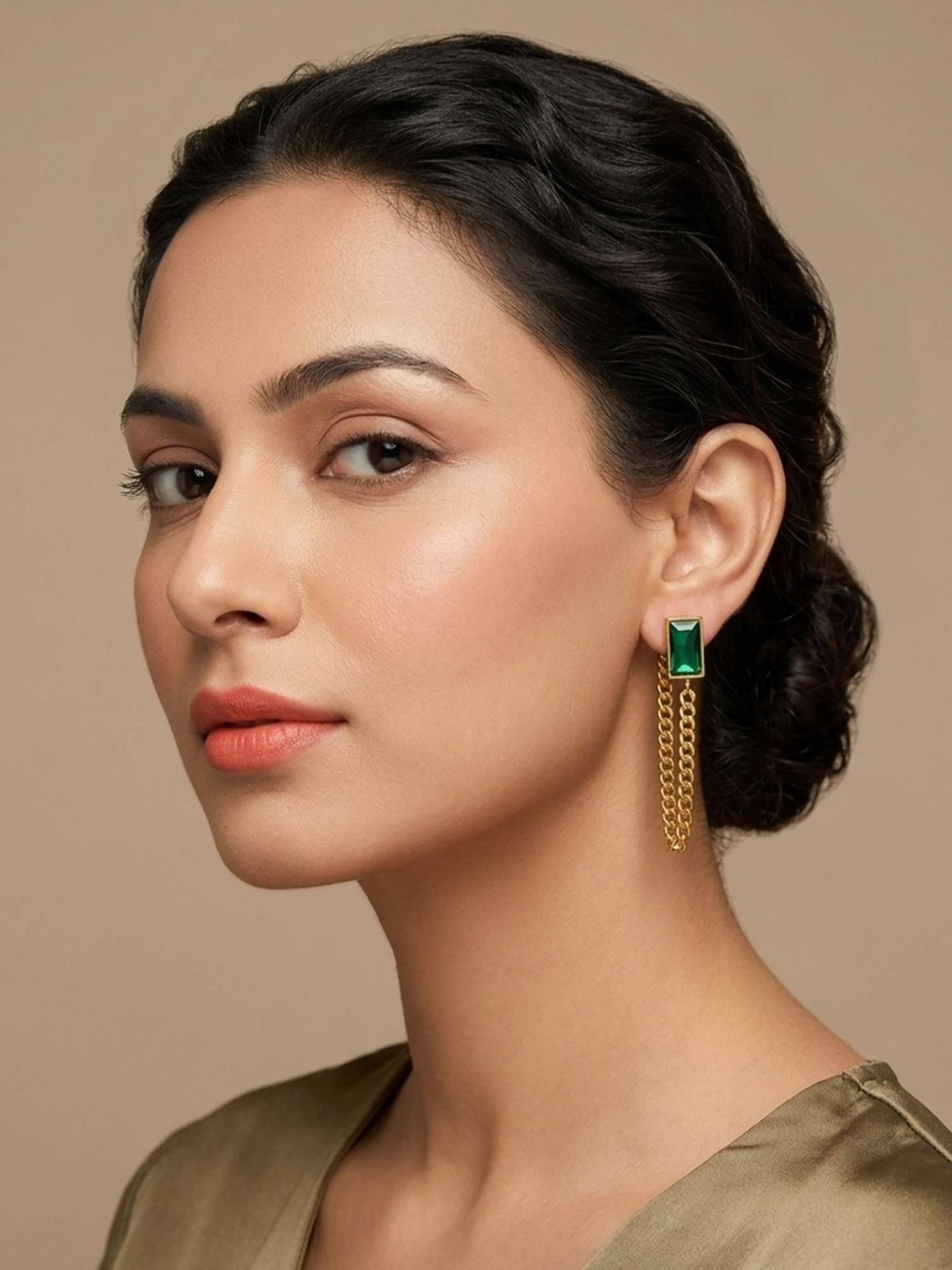 RACHIVA 18K Gold Plated Emerald Green Baguette Cz Curb Chain Earrings