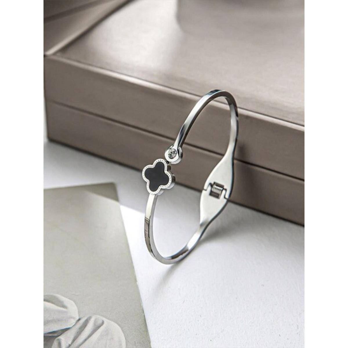 Jewelz Silver-Tone Clover Bangle Bracelet with Black Enamel and Crystal Accent