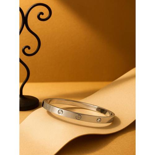 Elegant Silver Screw-Detail Crystal Bangle Bracelet Elegant Silver Tone Bangle Bracelet with Screw Water Drill  main image 4
