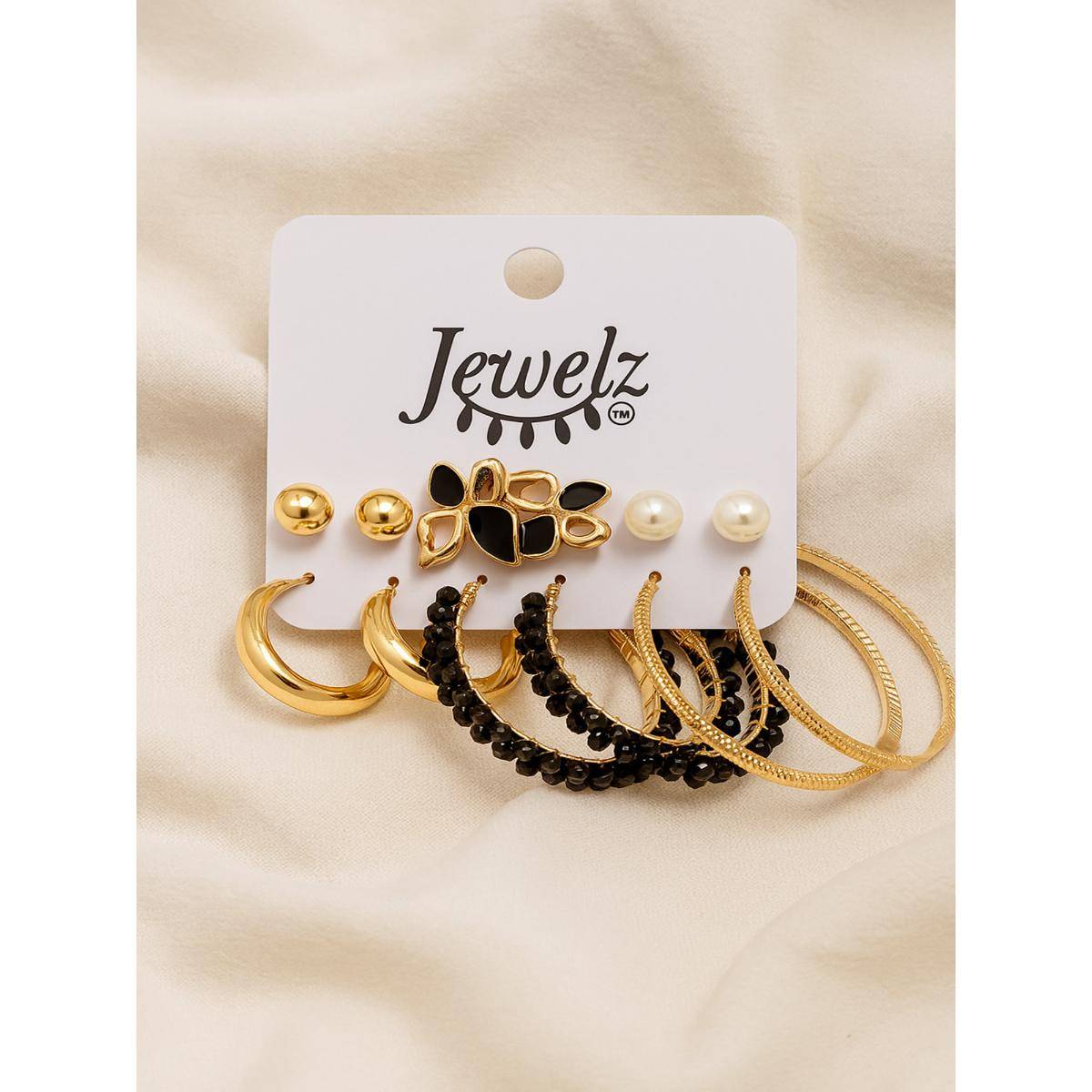 Jewelz Gold and Black Multi-Style Earring Combo Set - 9 Pairs