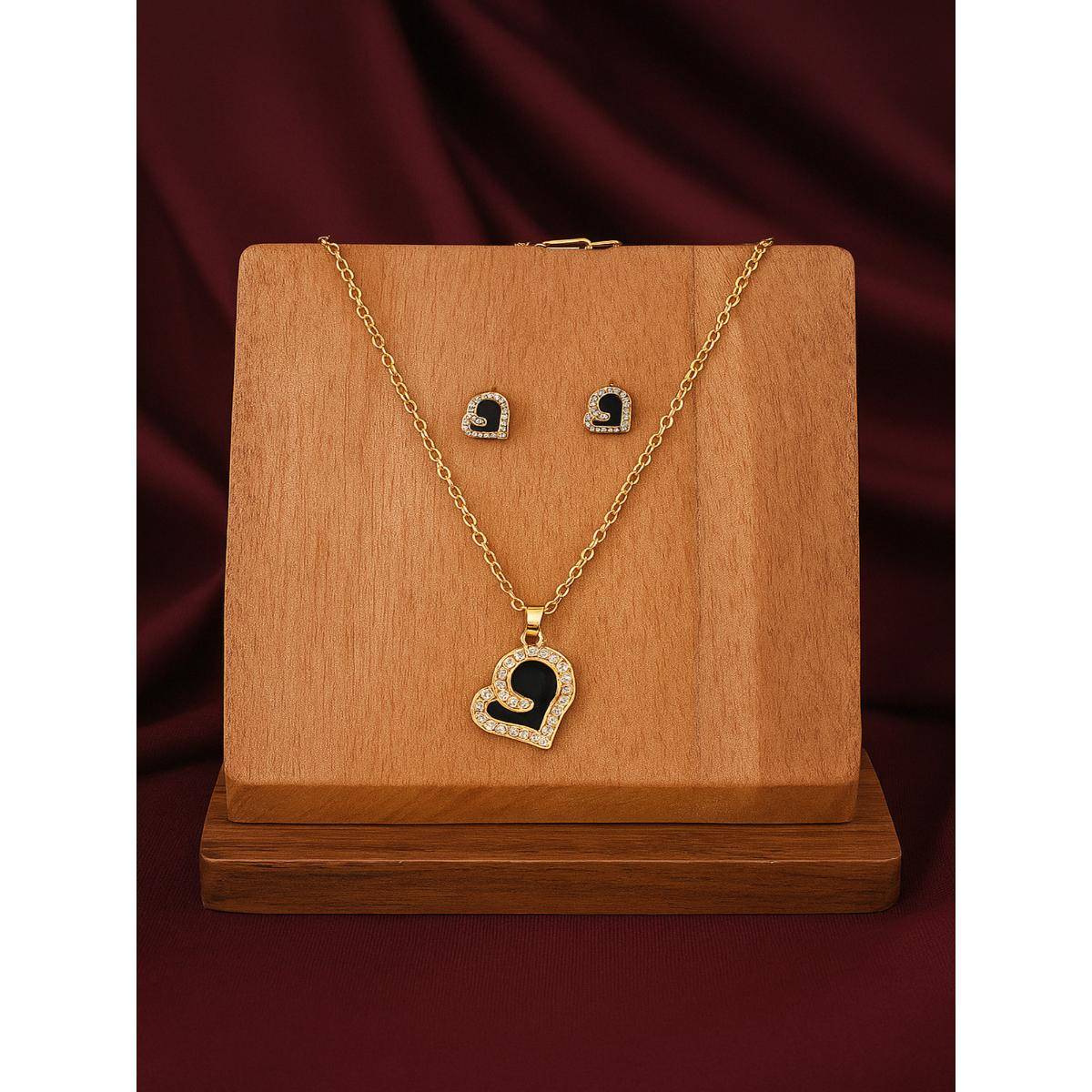 Jewelz Gold-Tone Black Heart Pendant Necklace and Stud Earrings Set