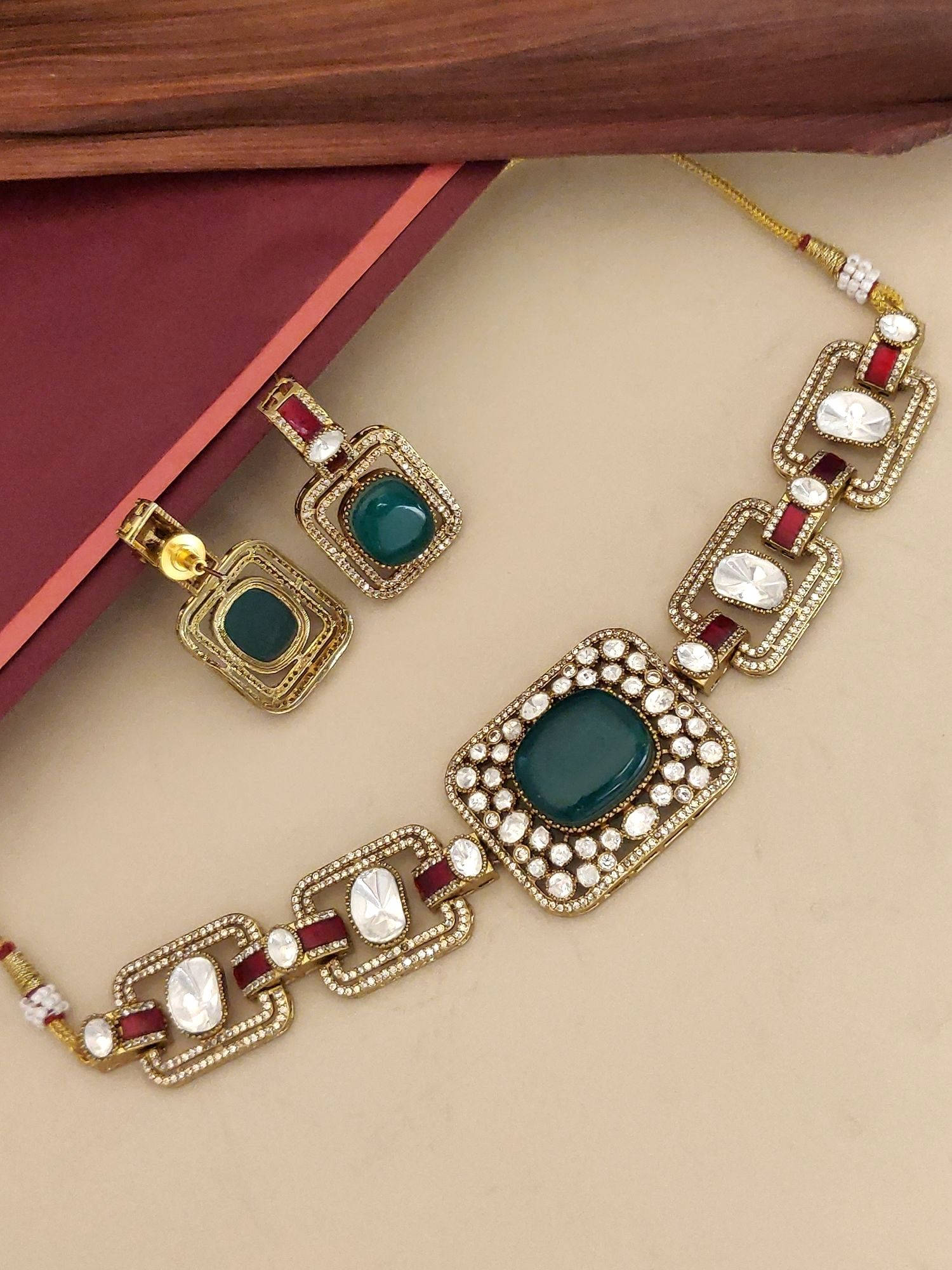 Abdesigns Multi-Color Gold Plated Polki American Diamond Studded Necklace with Earrings
