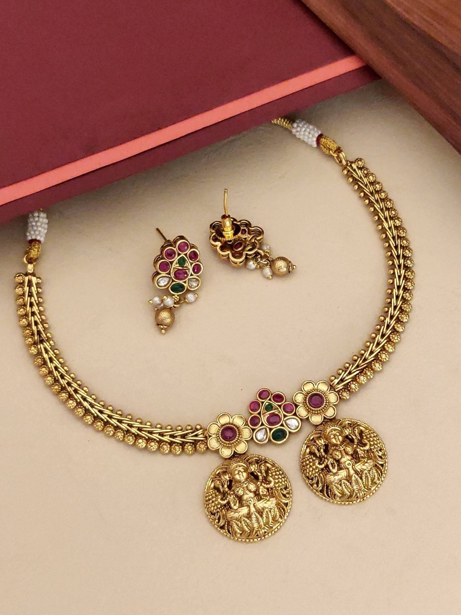 Abdesigns Multi-Color Gold Plated Polki Kempstone Studded Temple Necklace with Earrings