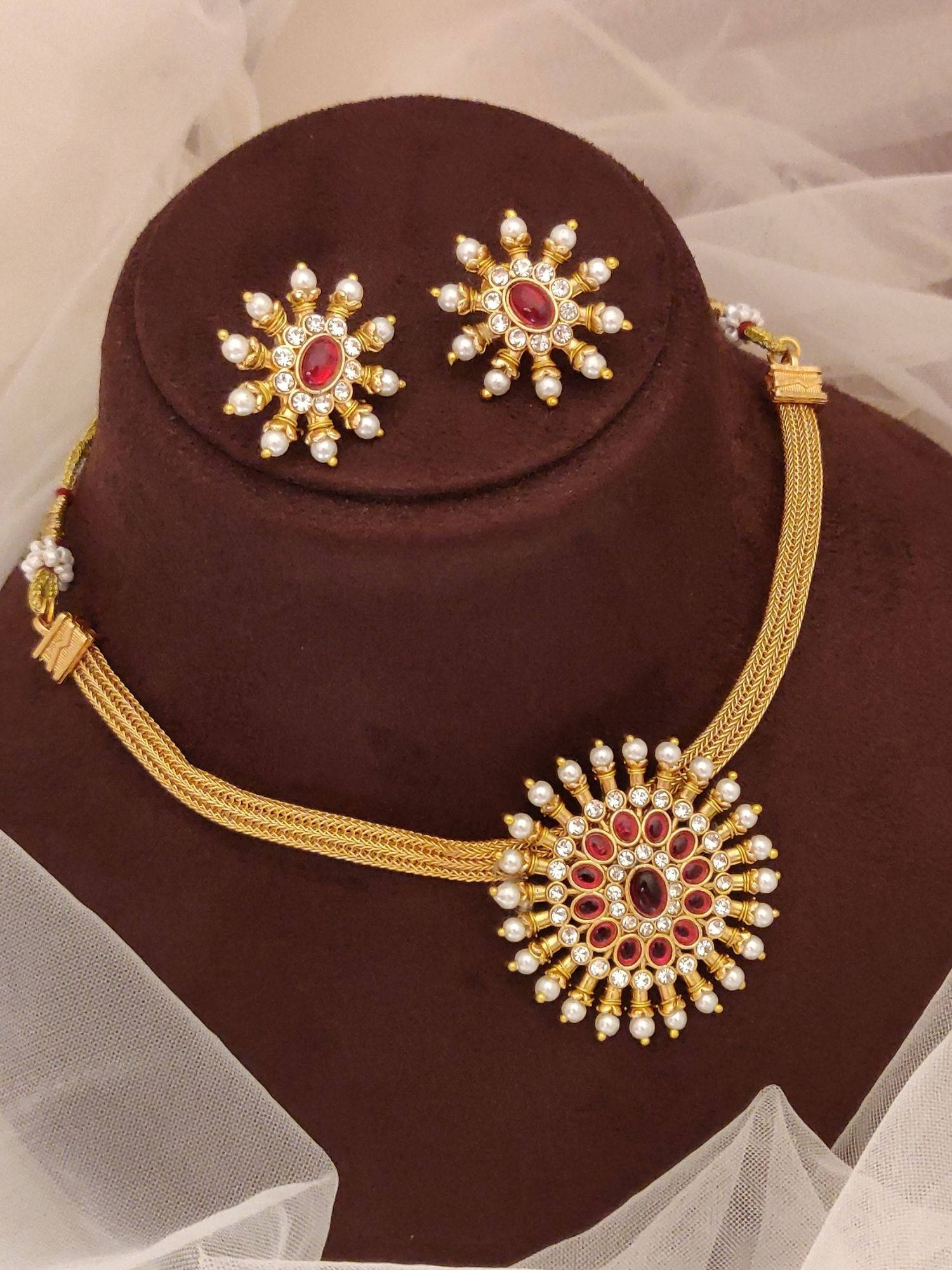 Abdesigns Elegant Gold Plated Colored Stone Necklace with Earrings