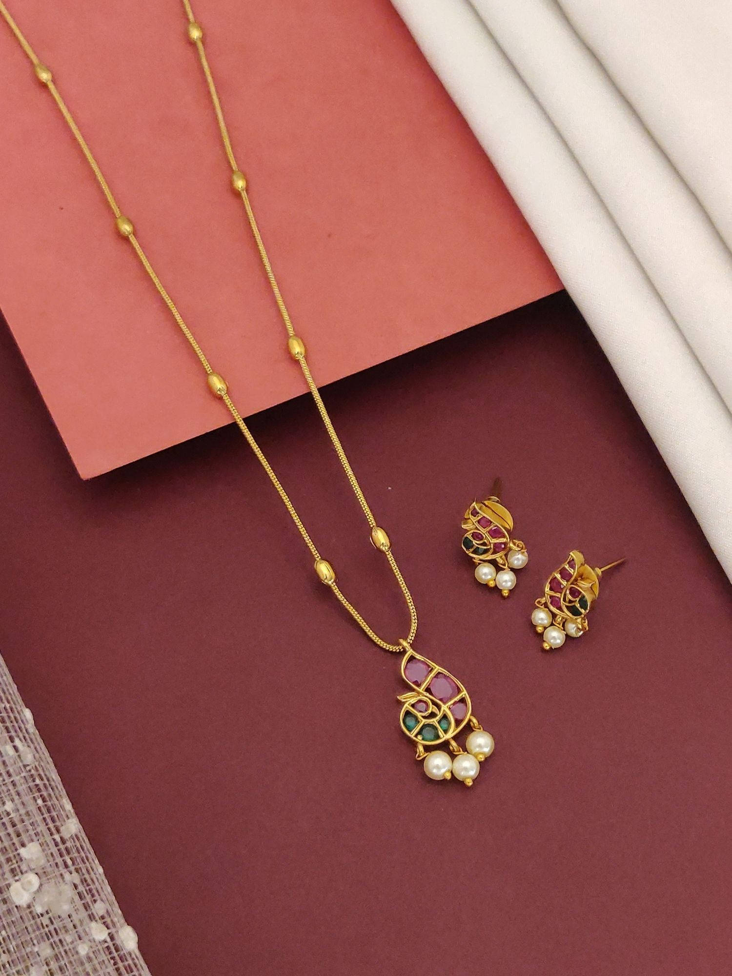 Abdesigns Multi-Color Gold Plated Peacock Pendant Necklace with Earrings