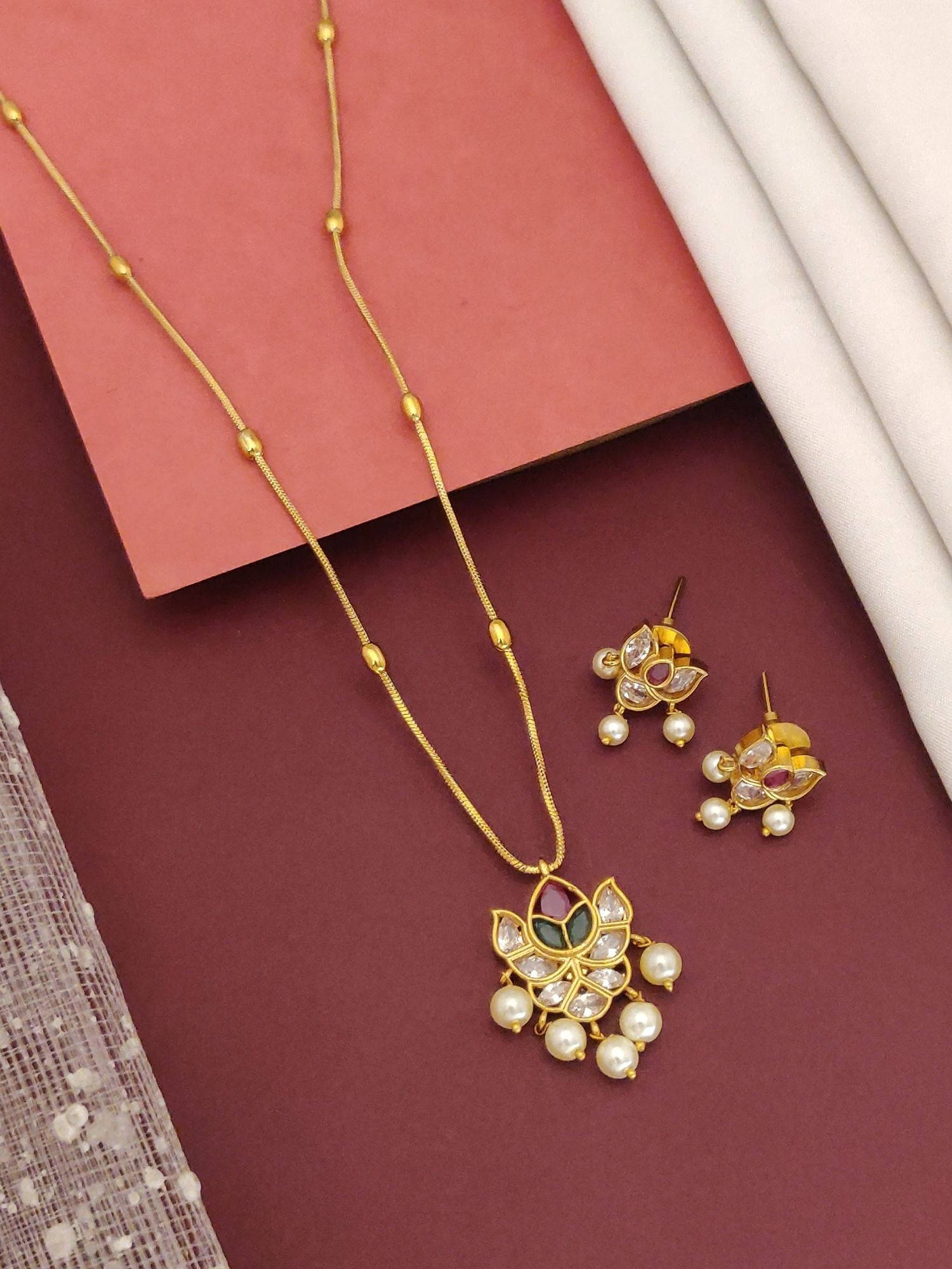 Abdesigns Multi-Color Gold Plated White Colored Stone Pendant Necklace with Earrings