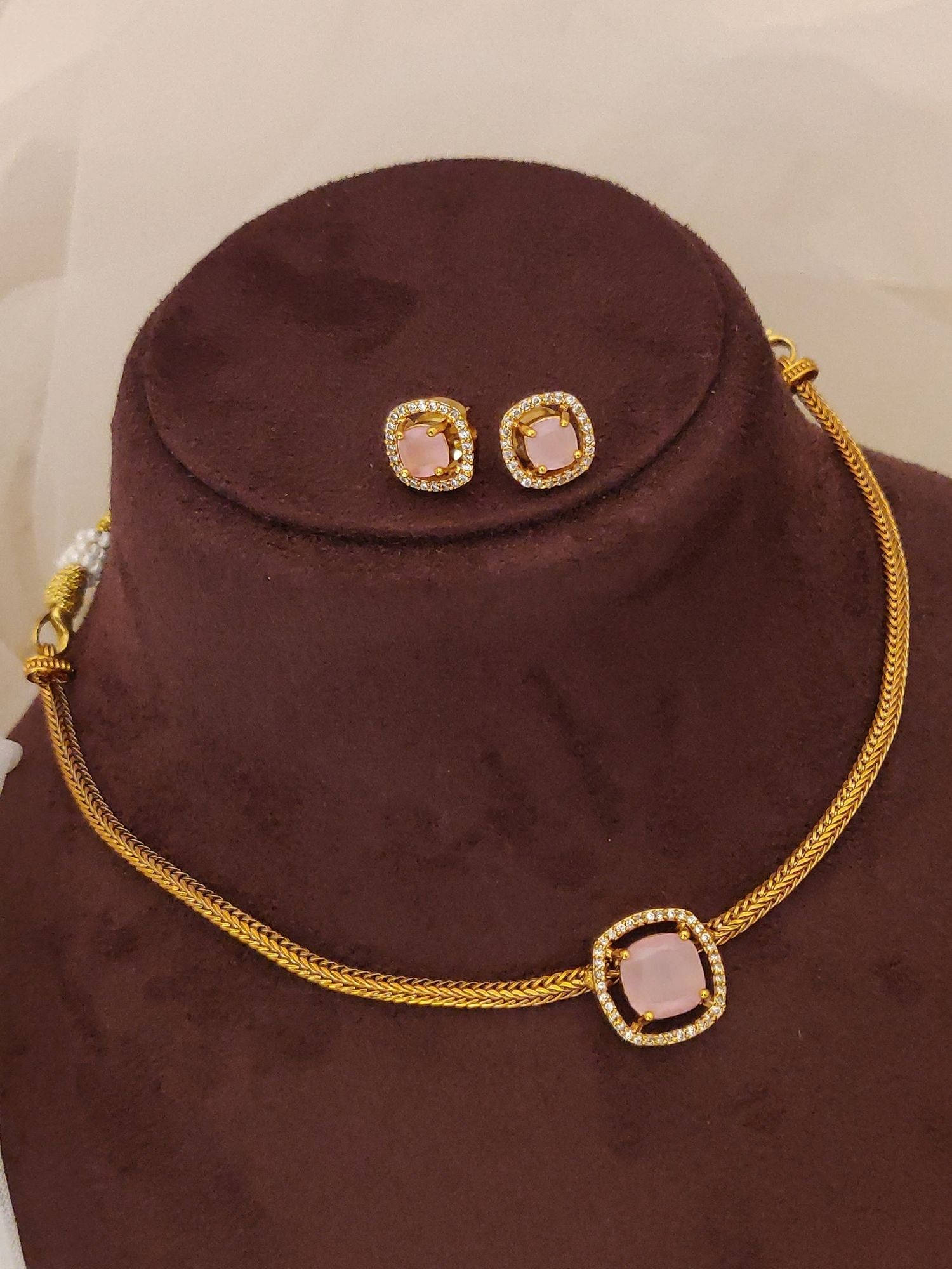 Abdesigns Shiny Gold Plated Pink Stone Necklace with Earrings