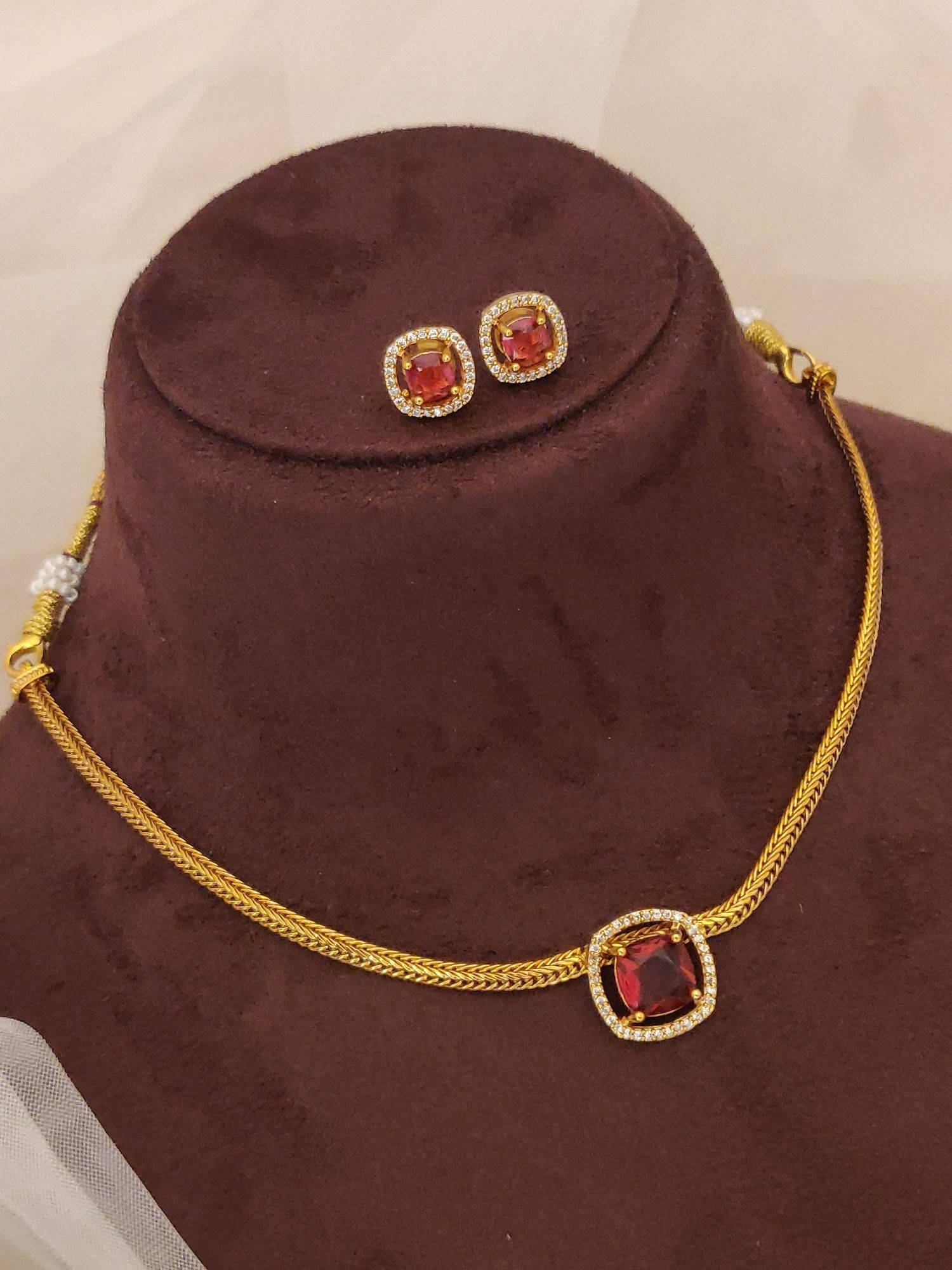 Abdesigns Shiny Gold Plated Red Stone Necklace with Earrings