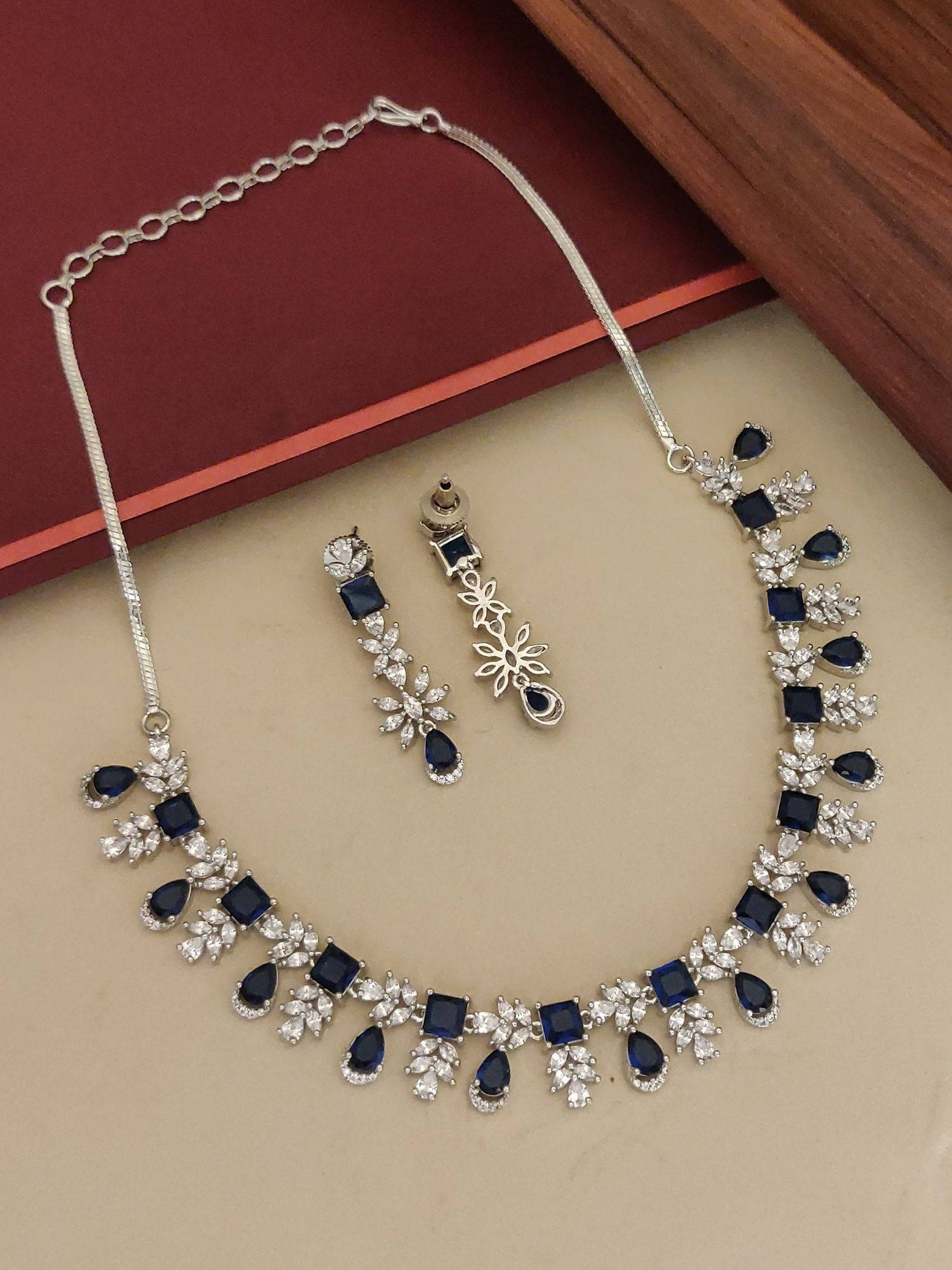 Abdesigns Blue Elegant Silver Plated Flower American Diamond Necklace with Earrings