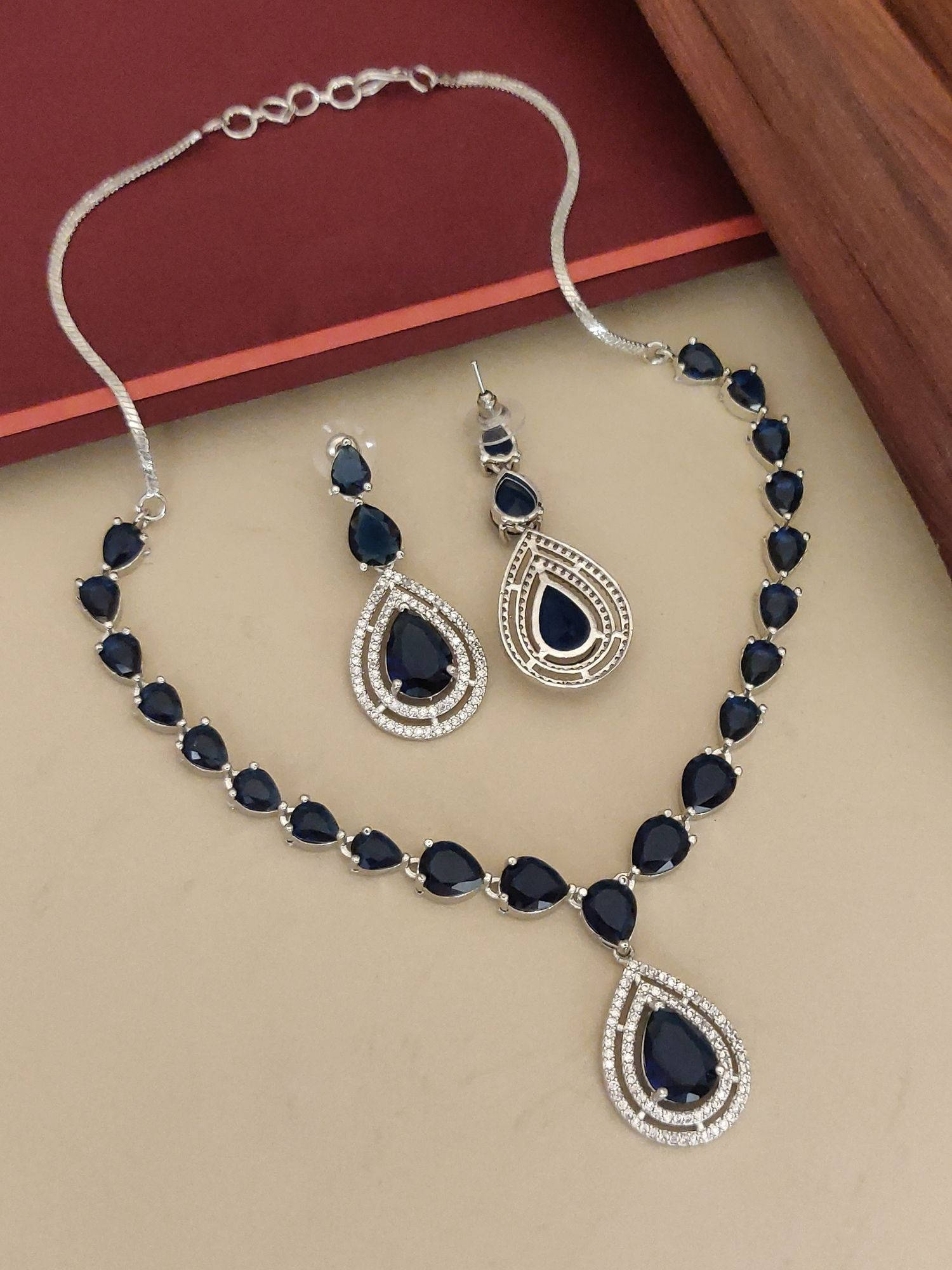 Abdesigns Blue Elegant Silver Plated Flower American Diamond Necklace with Earrings