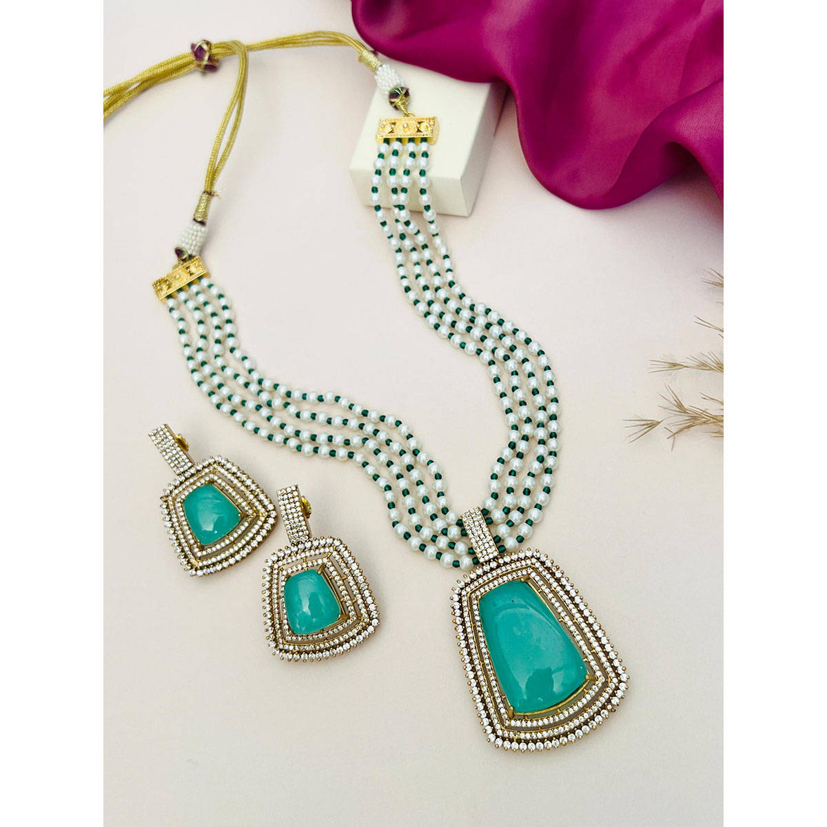 Abdesigns Gold Plated Polki American Diamond Jewellery Set