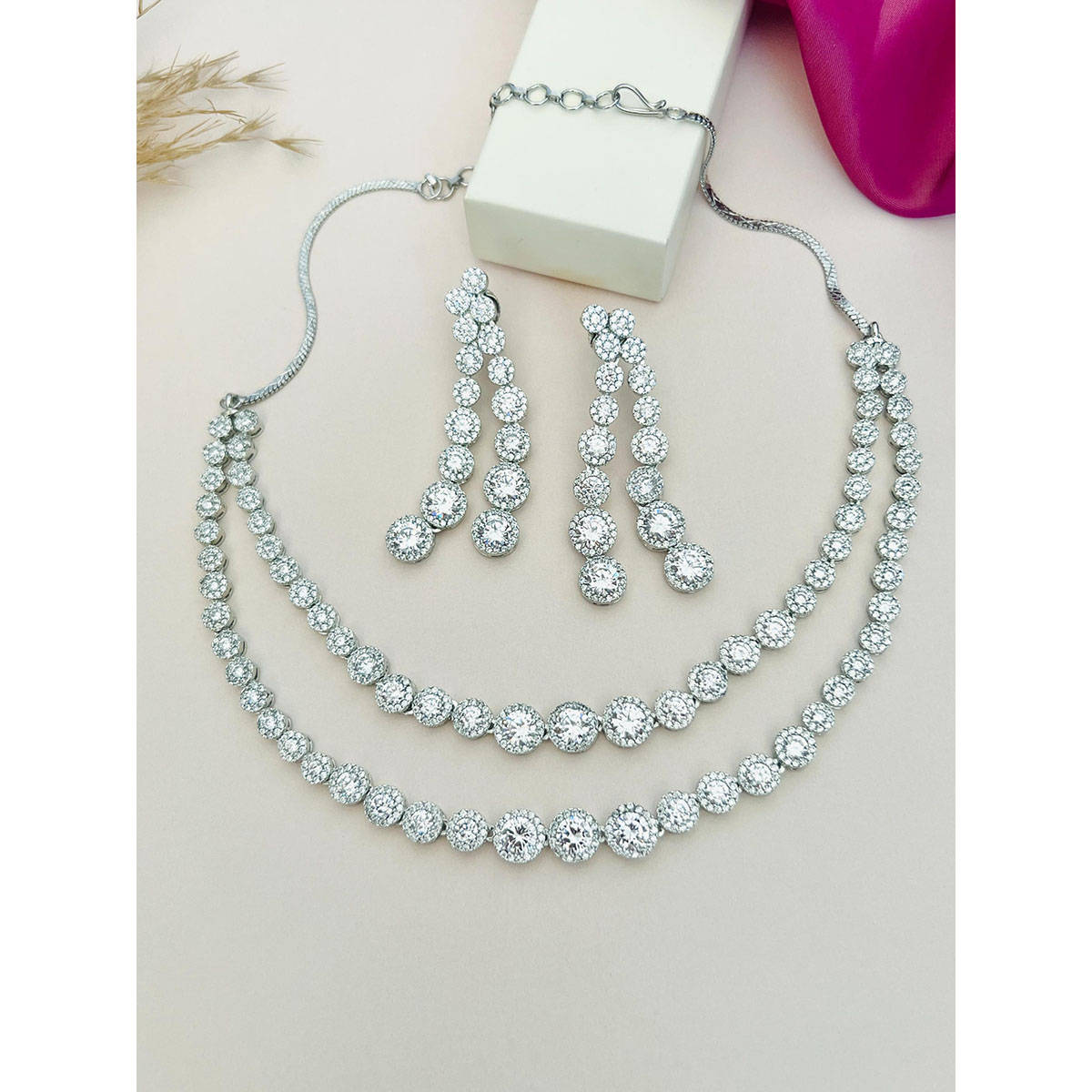 Abdesigns White Enchanting Silver Plated American Diamond Jewellery Set