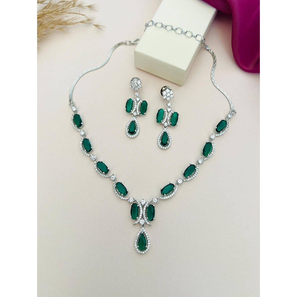 Abdesigns Green Silver Plated American Diamond Jewellery Set