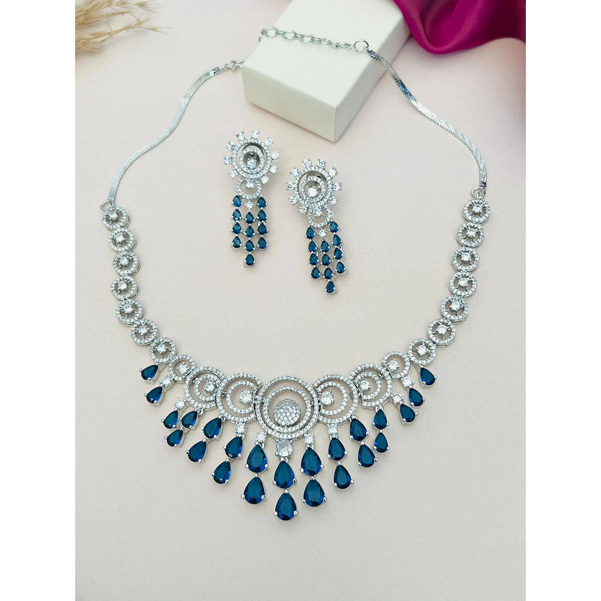 Abdesigns Blue Silver Plated American Diamond Jewellery Set